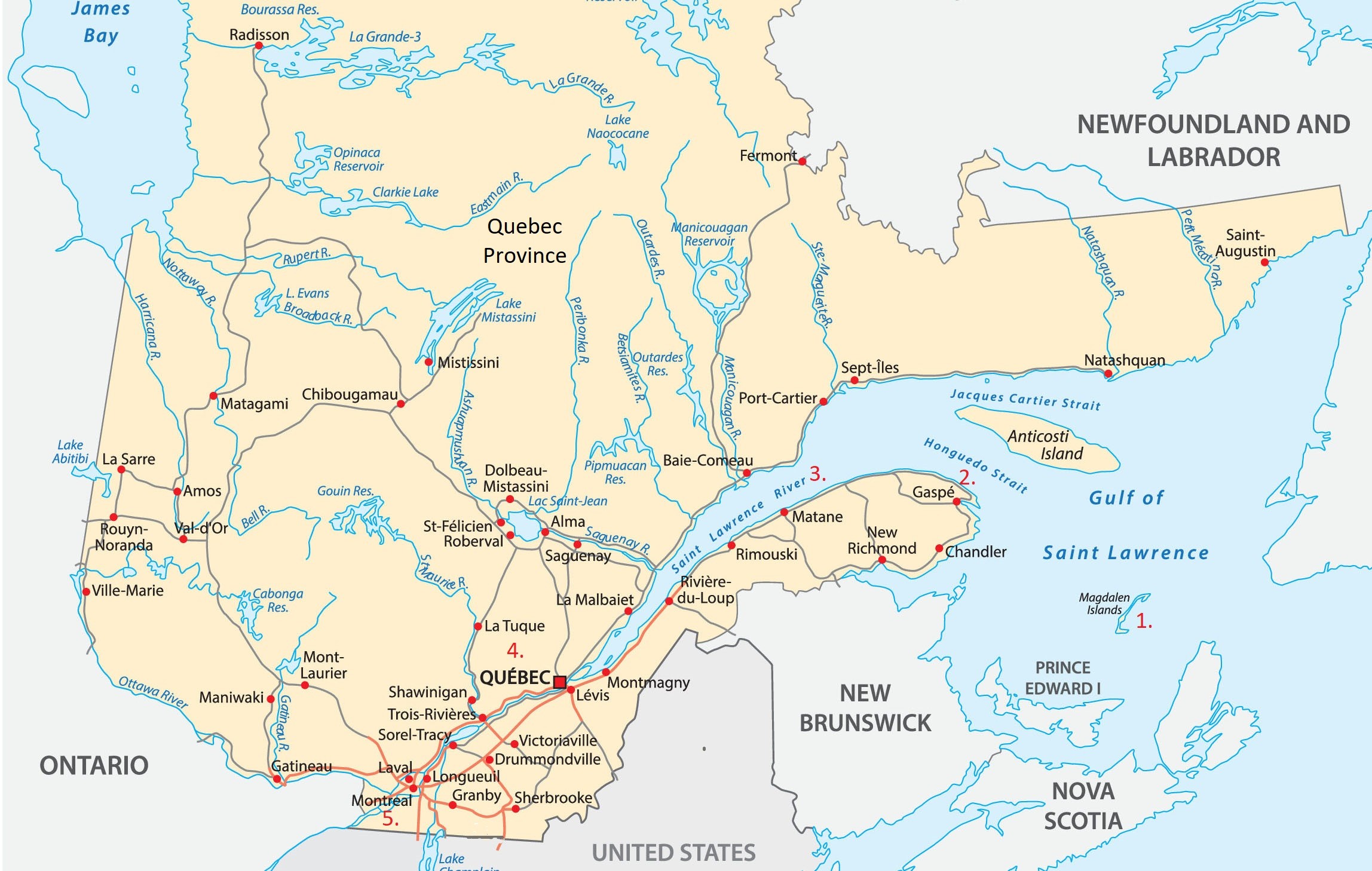 From right to left: 1. IÎles de la Madeleine (Magdalen Islands) 2. Gaspé 3. St. Lawrence River 4. Quebec City 5. Montreal./Shutterstock