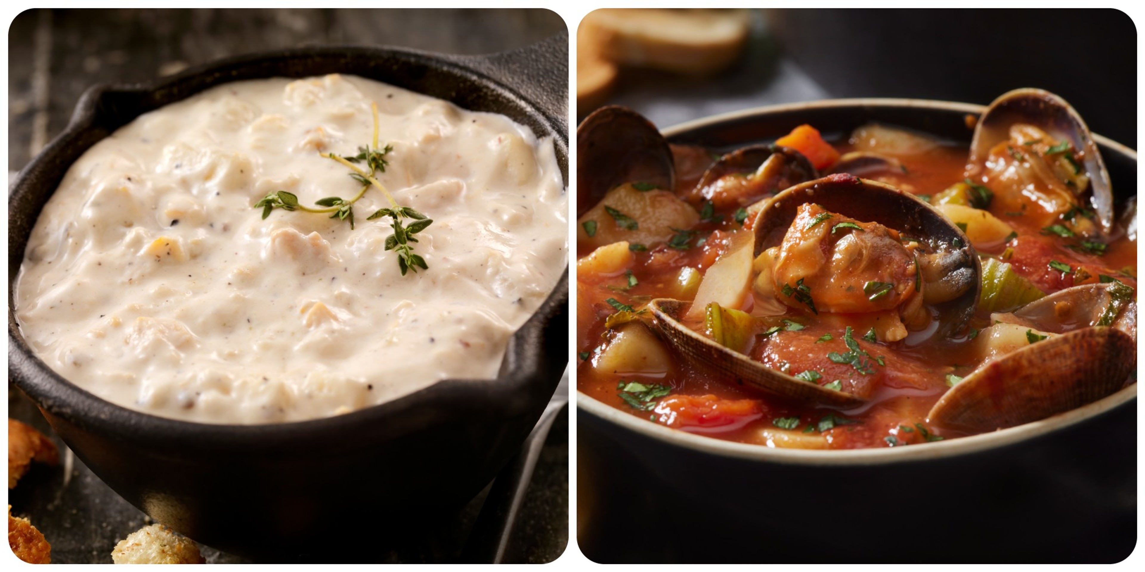 Choose your chowders carefully. New England (also called Boston) clam chowder is creamy; Manhattan is tomato based. A third type, Rhode Island, used a clearer broth./Getty Images