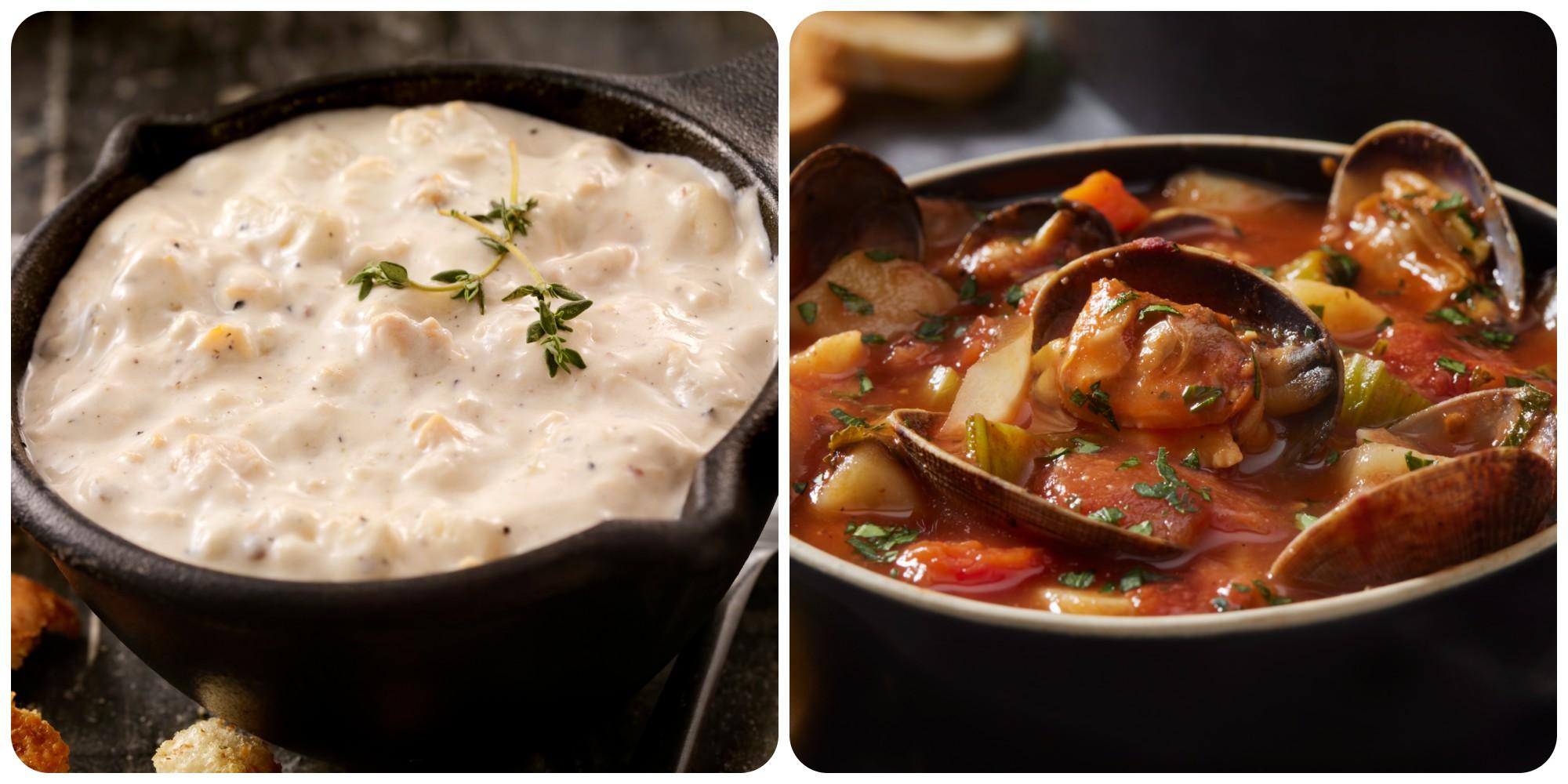 Choose your chowders carefully. New England (also called Boston) clam chowder is creamy; Manhattan is tomato based. A third type, Rhode Island, used a clearer broth./Getty Images