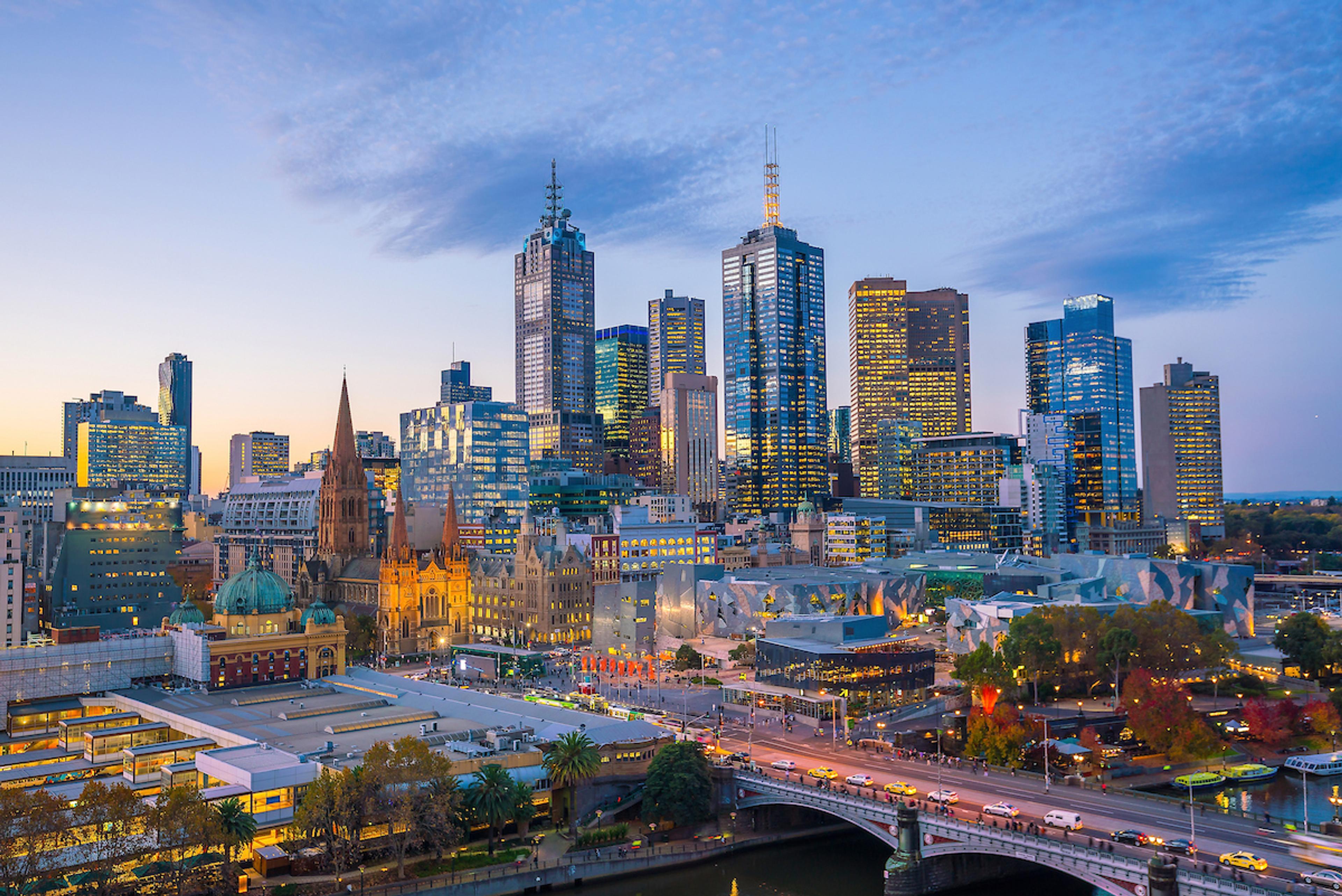 Melbourne city skyline at twilight in Australia/Shutterstock