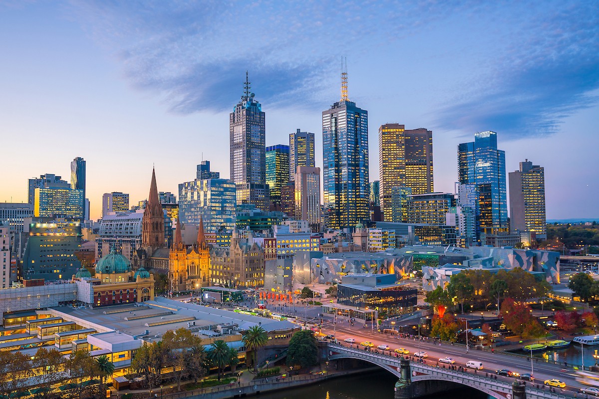 Melbourne city skyline at twilight in Australia/Shutterstock