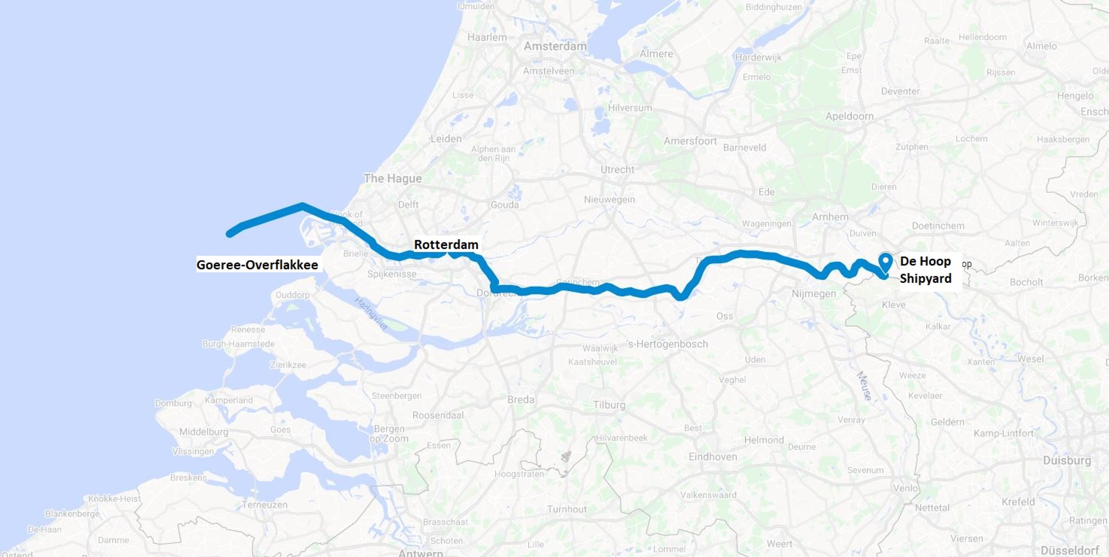 A representation of the route taken by Silver Origin as it traveled from De Hoop Shipyard to the sea