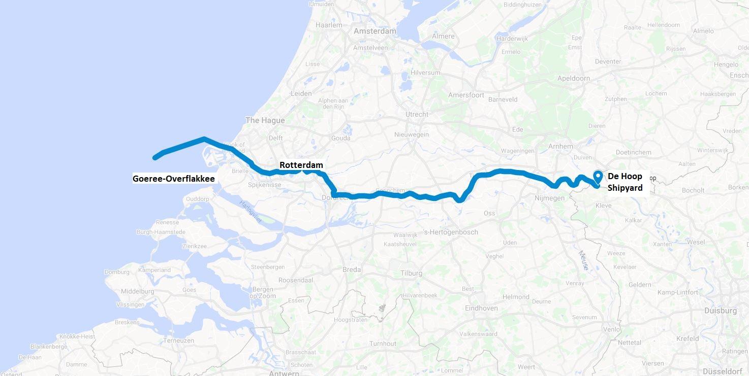 A representation of the route taken by Silver Origin as it traveled from De Hoop Shipyard to the sea