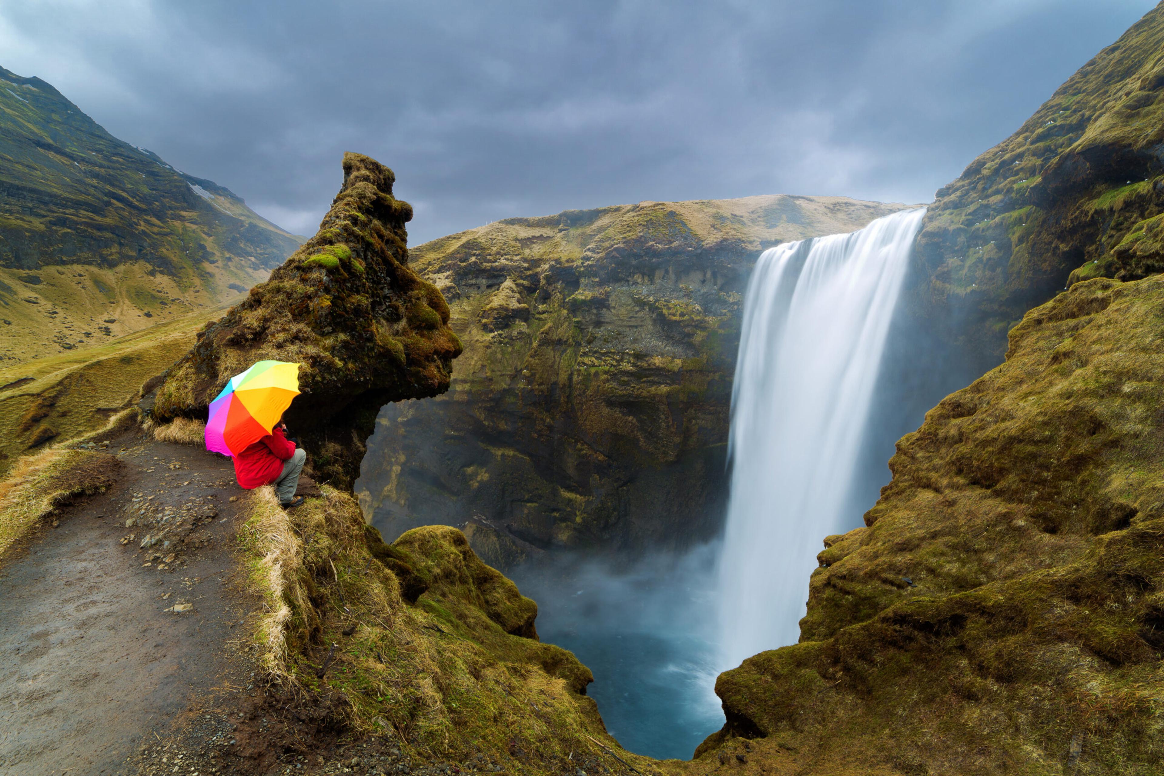 Be prepared for a variety of weather in Iceland, where the day can go from bad, climatologically speaking, to good quickly. This is the Skogafoss waterfall, Iceland, which drops about 200 feet./Getty Images