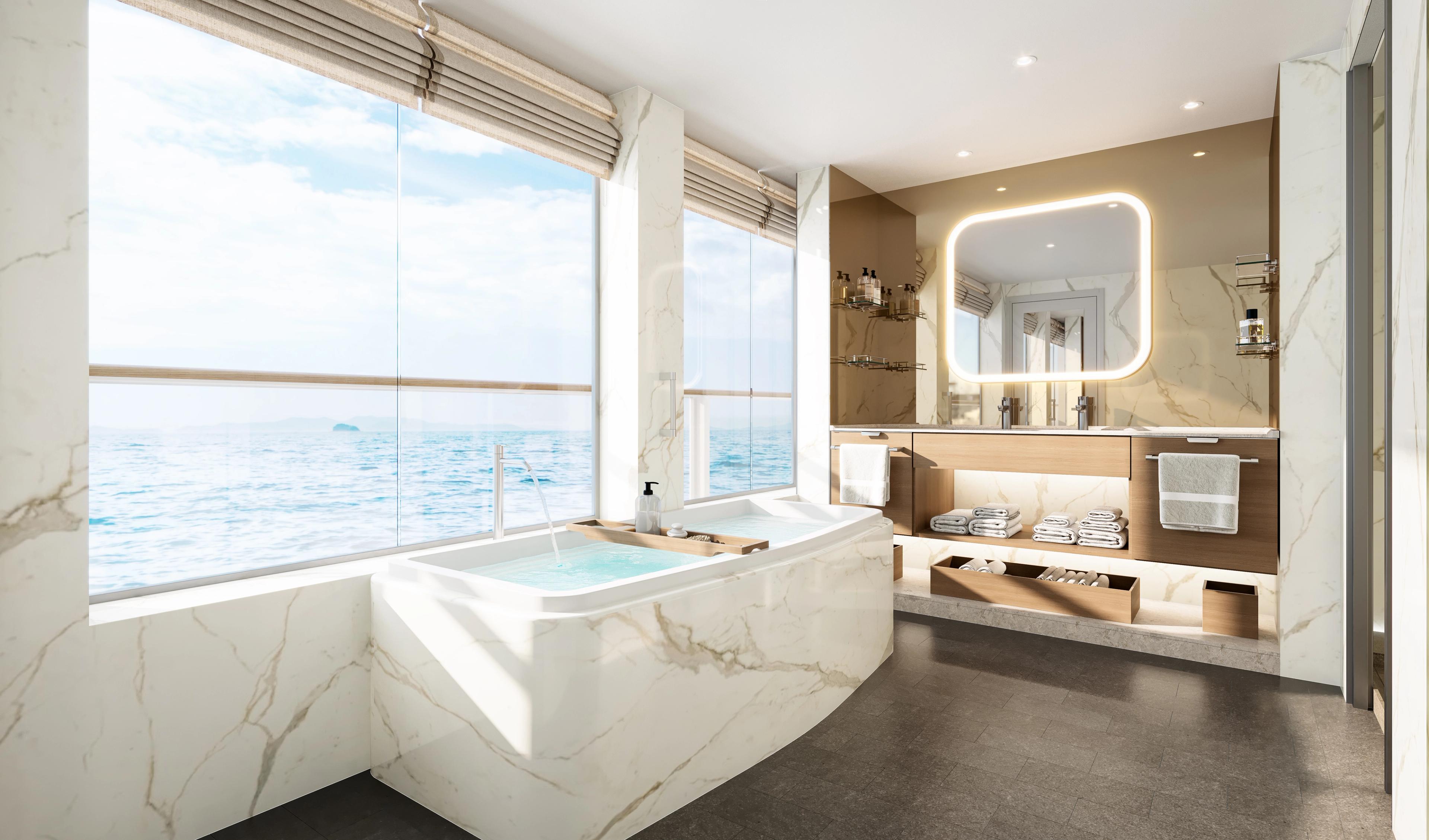 One of the Master Suites on Silversea's new Silver Nova has bathtub and shower facing the sea.