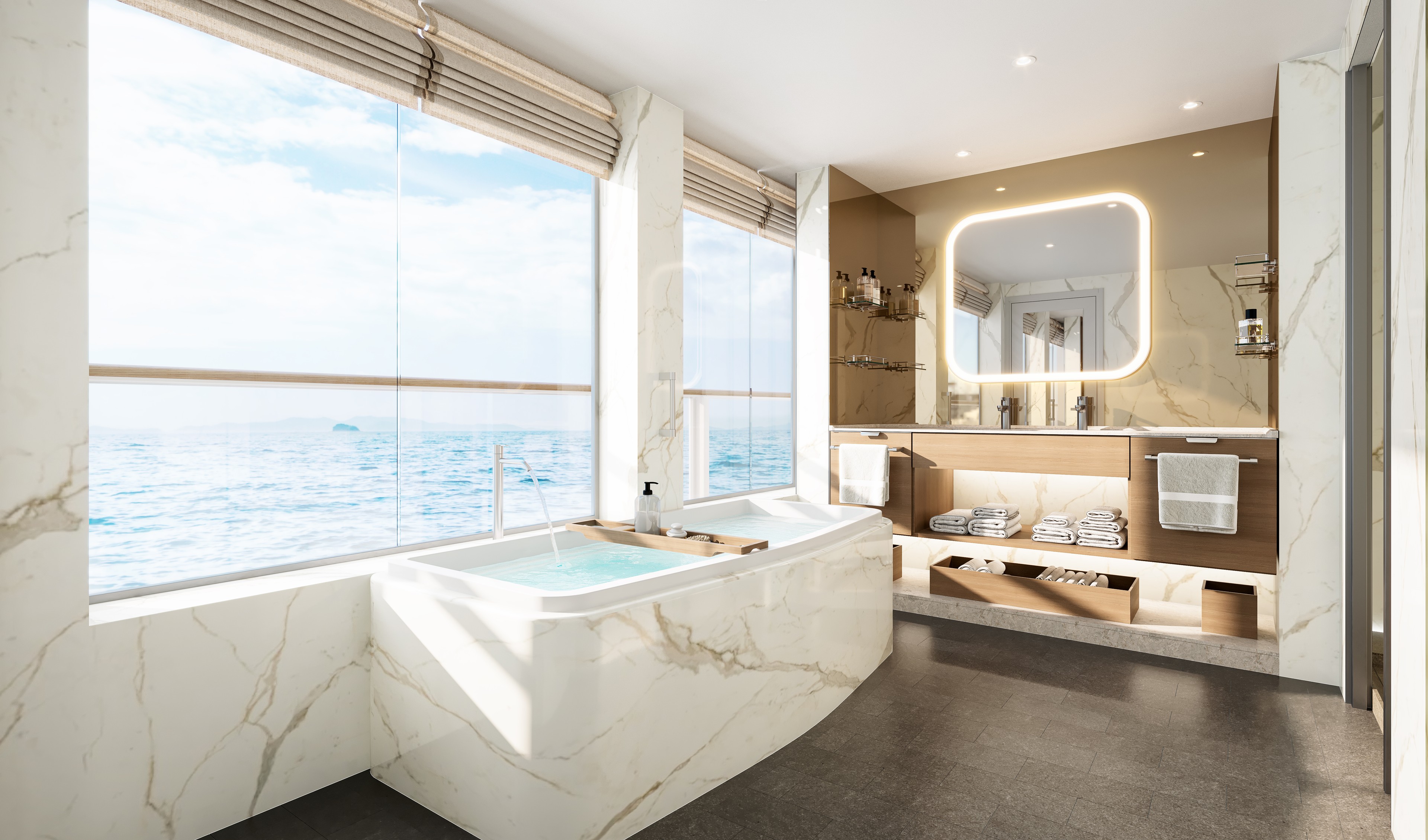 One of the Master Suites on Silversea's new Silver Nova has bathtub and shower facing the sea.