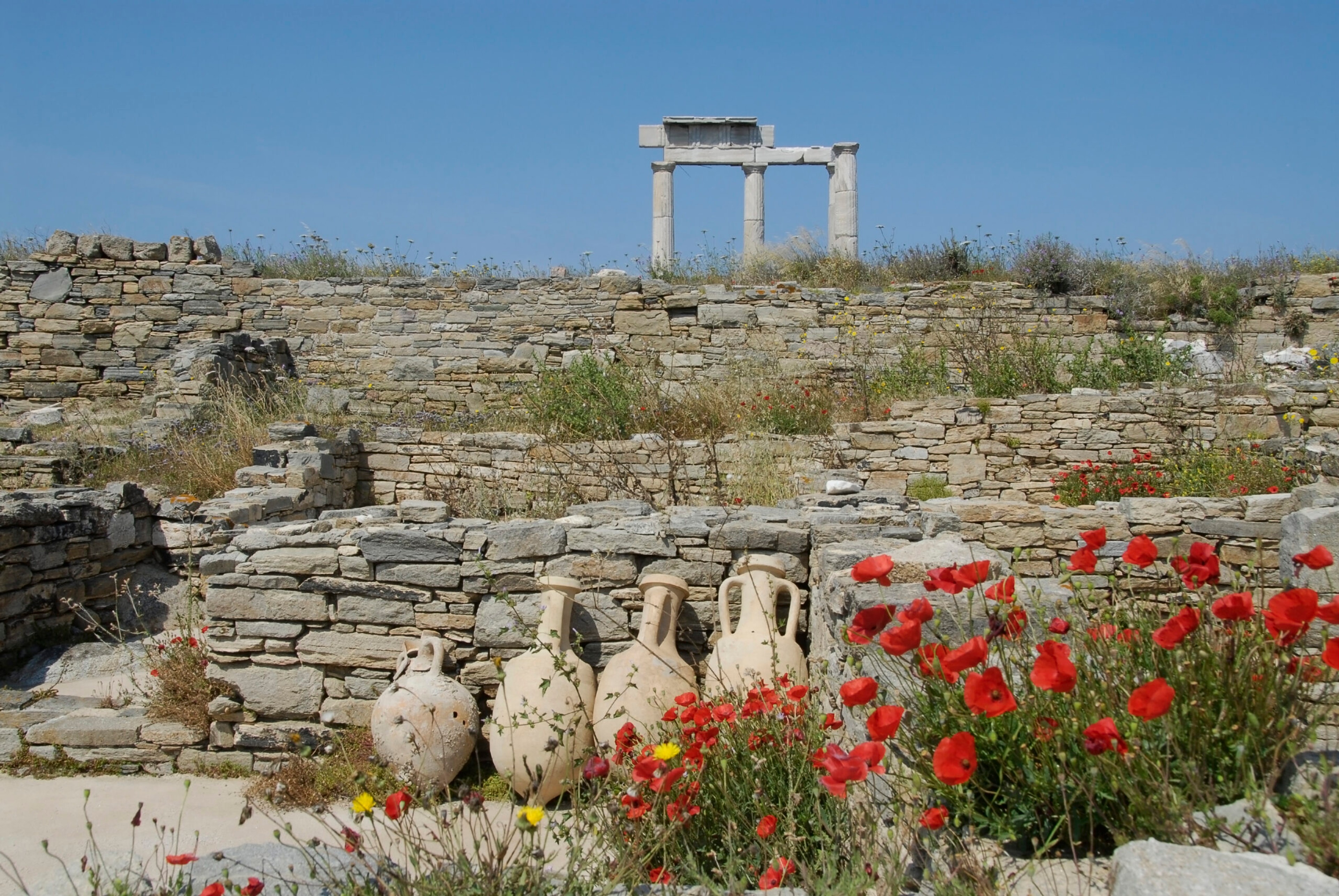 On Delos, ancient stone walls, earthenware urns and architectural columns are visible as red poppies flower in the foreground./Getty Images