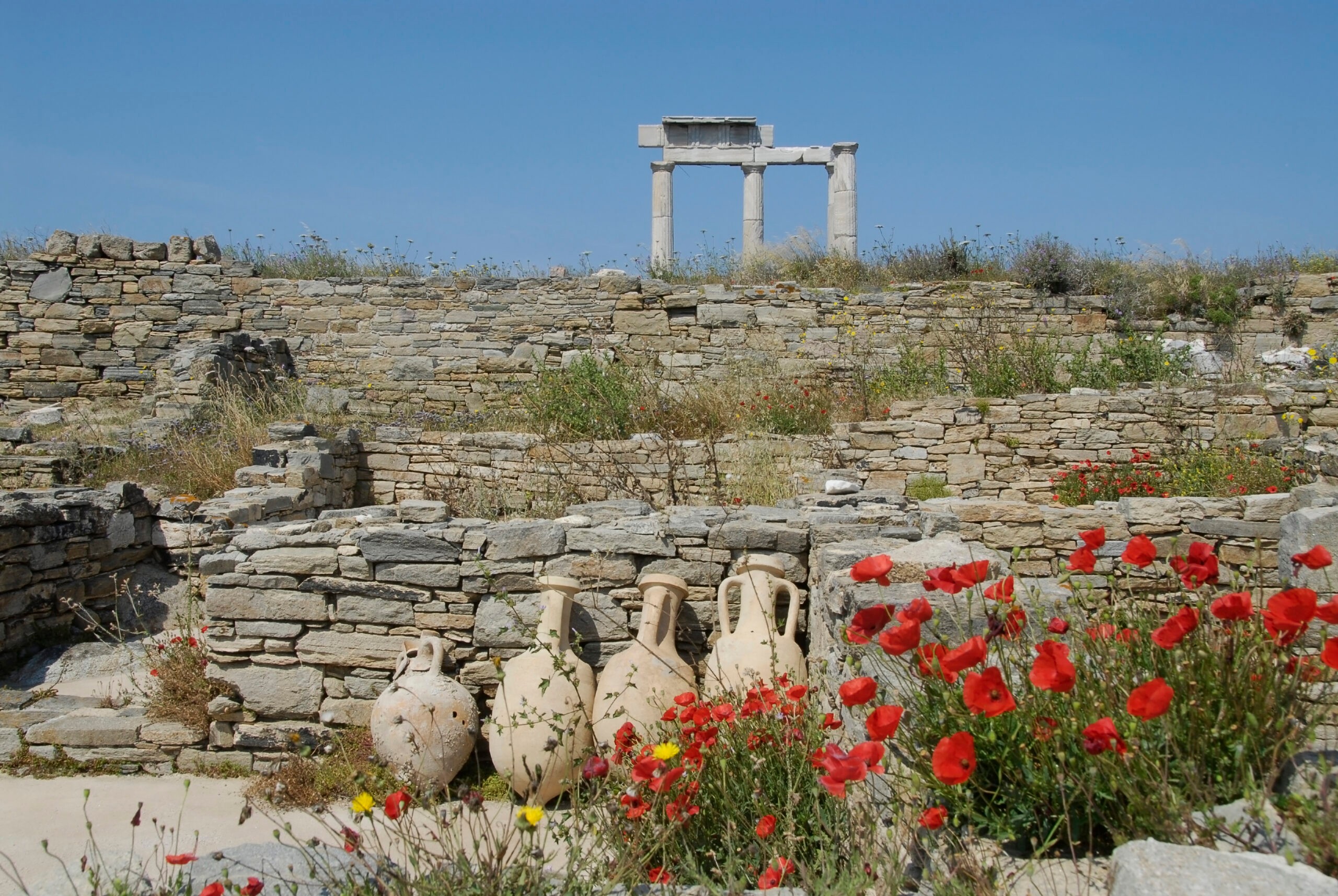 On Delos, ancient stone walls, earthenware urns and architectural columns are visible as red poppies flower in the foreground./Getty Images