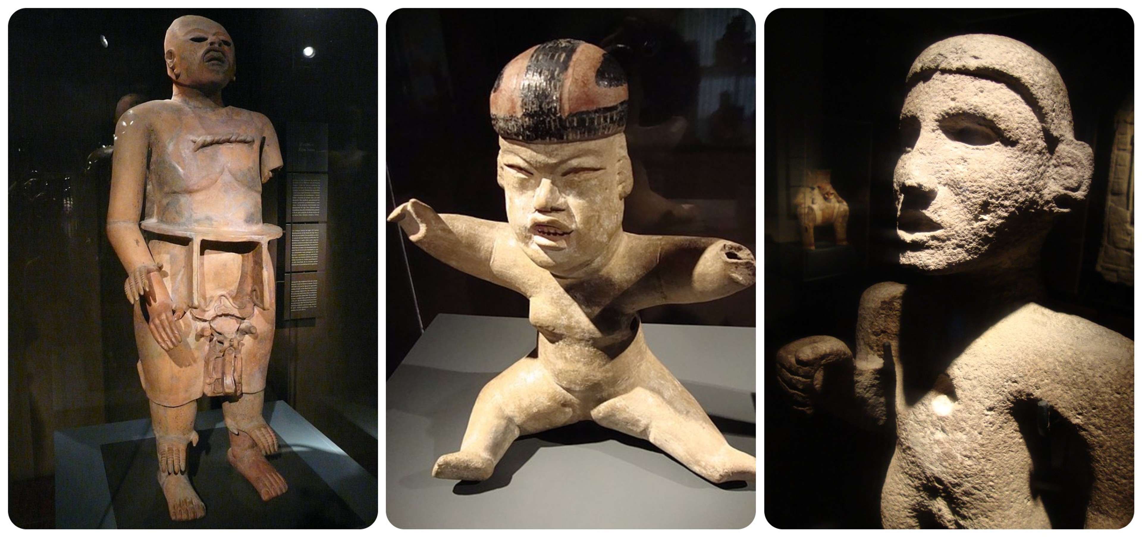 From the Chilean Museum of Pre-Columbian Art, from left: Toltec ceramic statue of Xipe Totec, known as the flayed-skin god; a pottery effigy in the shape of a child; and a stone sculpture of a man. Photo left by Bkwillwm; photos 2 and 3 by Koppas; Wikimedia Commons.