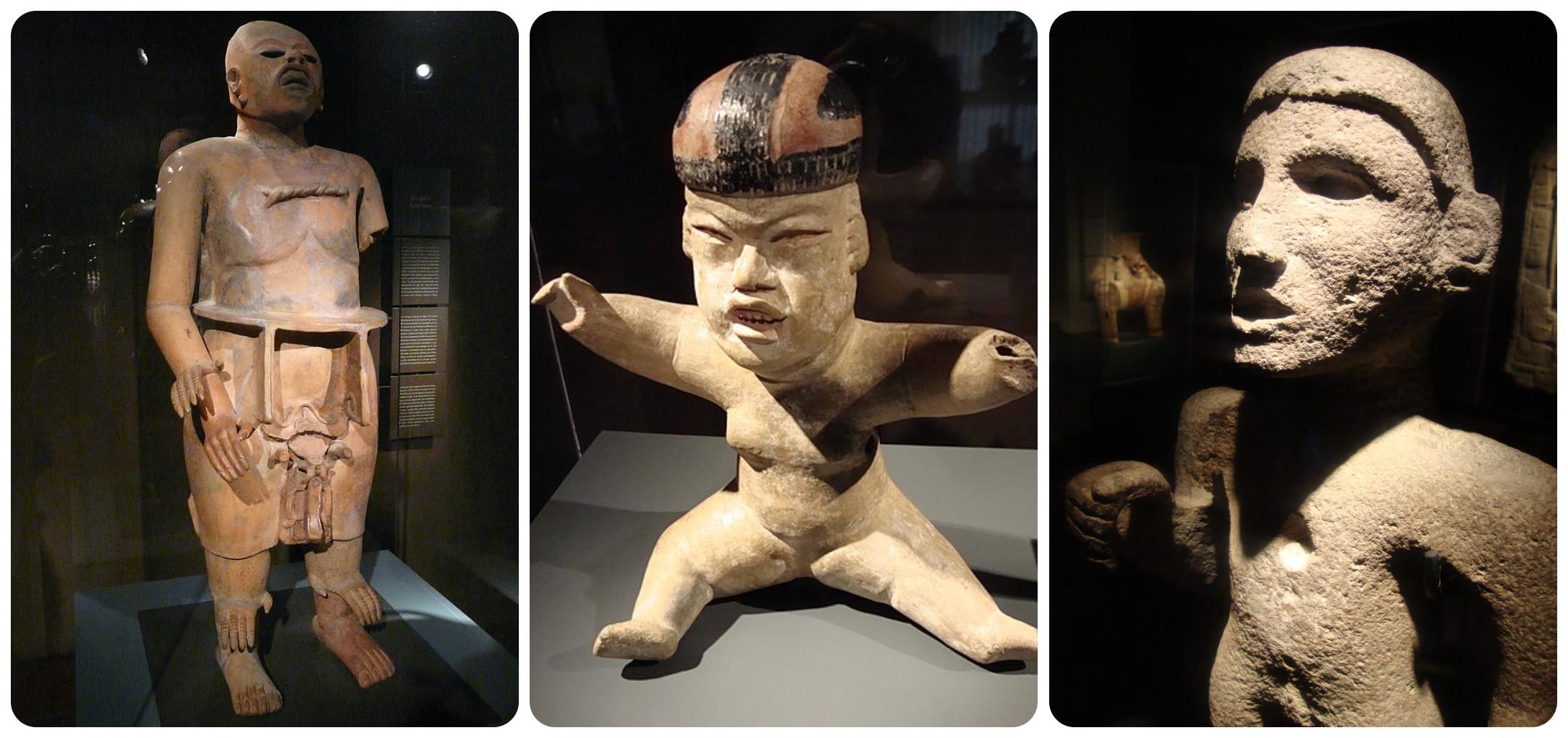 From the Chilean Museum of Pre-Columbian Art, from left: Toltec ceramic statue of Xipe Totec, known as the flayed-skin god; a pottery effigy in the shape of a child; and a stone sculpture of a man. Photo left by Bkwillwm; photos 2 and 3 by Koppas; Wikimedia Commons.