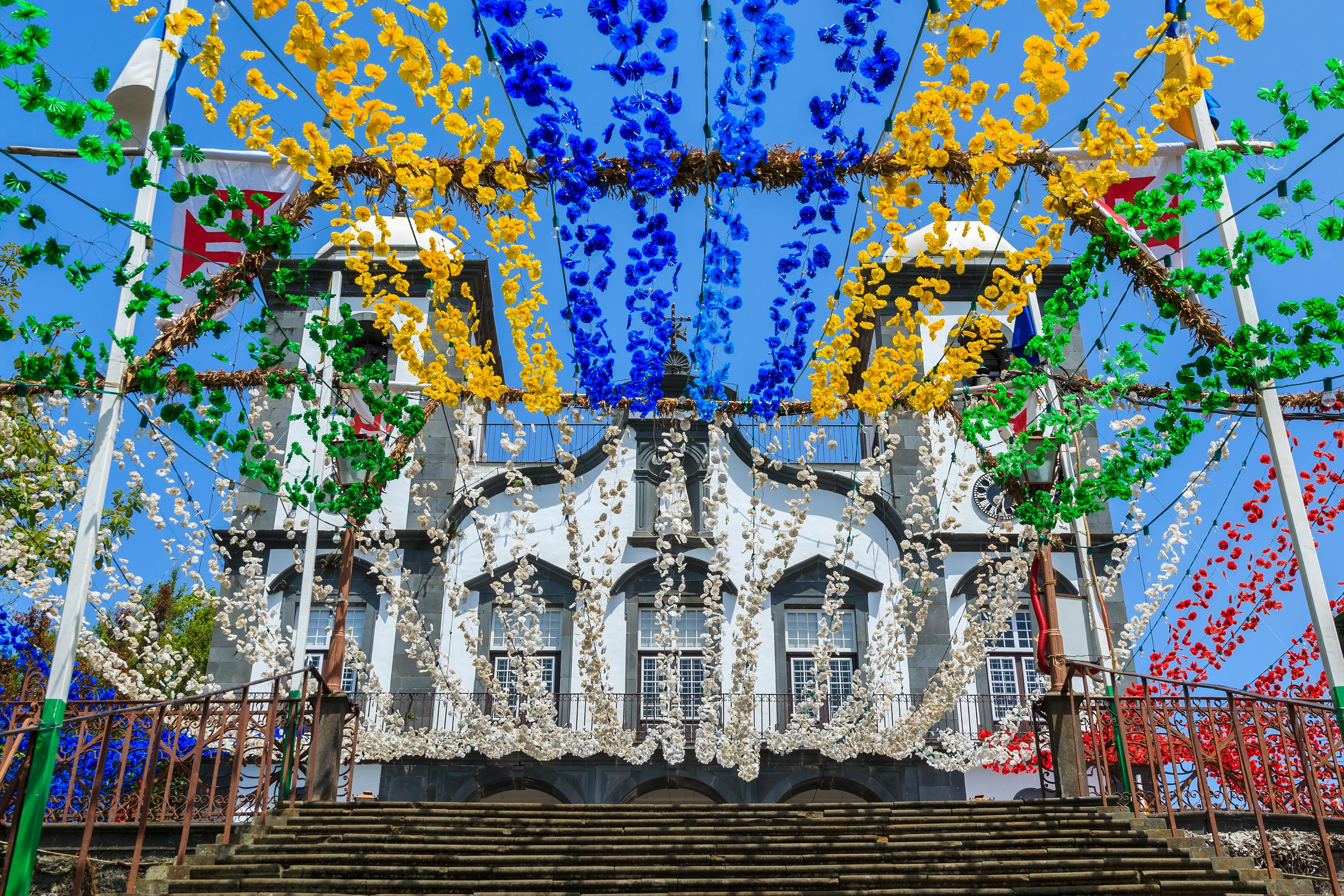 Church Nossa Senhora do Monte and flower decorations, Madeira island, Portugal