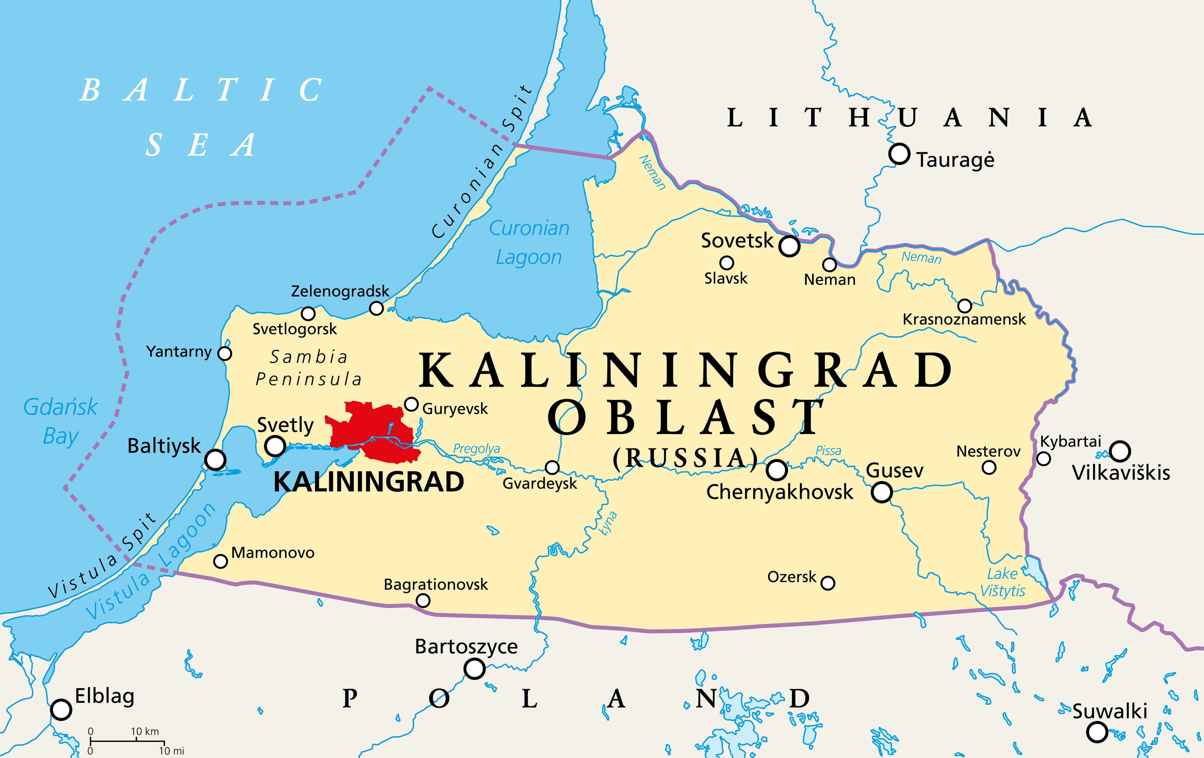 Kaliningrad Oblast, political map. Kaliningrad Region, federal subject and semi-enclave of Russia, located on the coast of the Baltic Sea, with administrative centre Kaliningrad. Illustration. Vector.