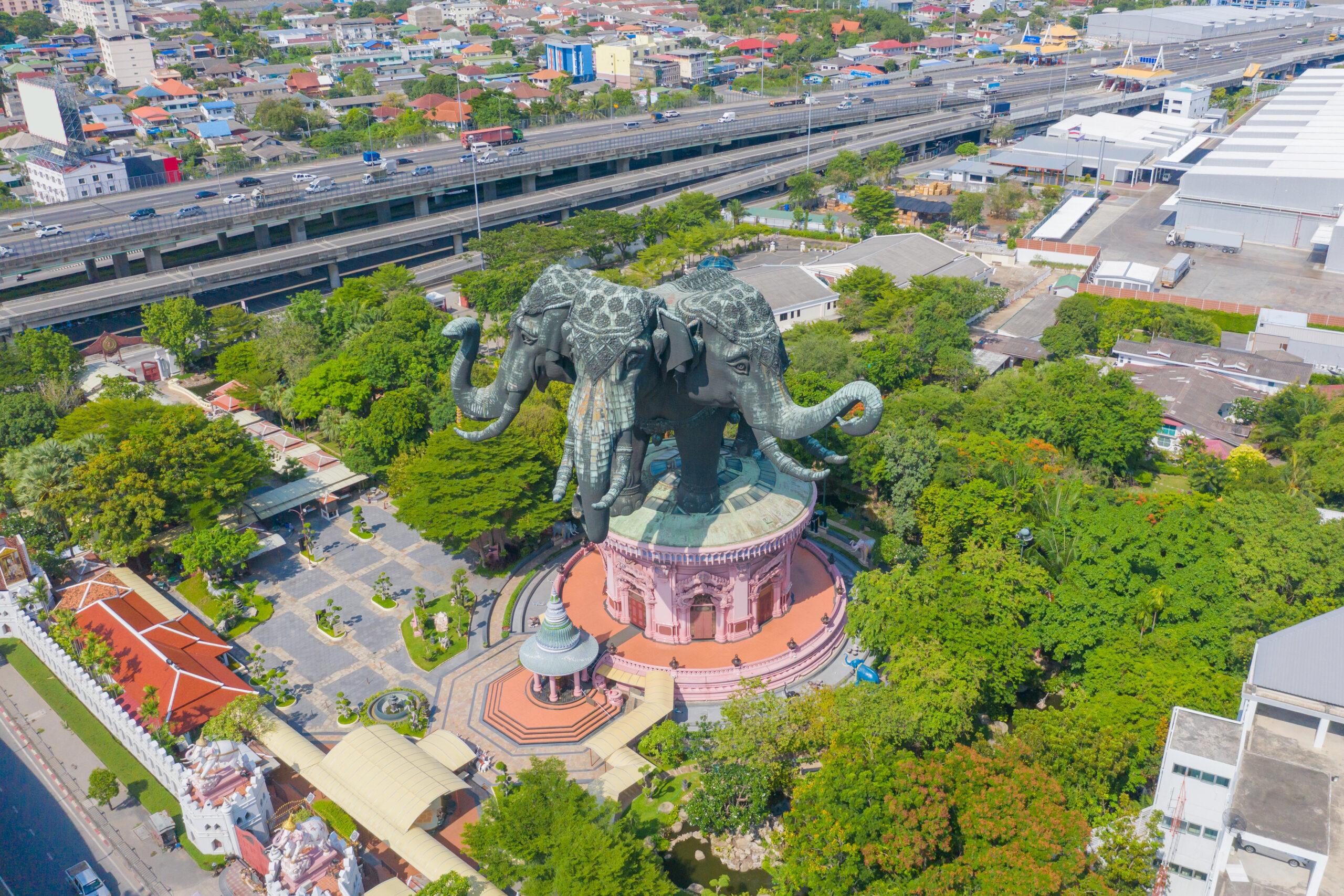 Aerial view of the three-headed elephant sculpture at the Erawan Museum, Bangkok./Shutterstock