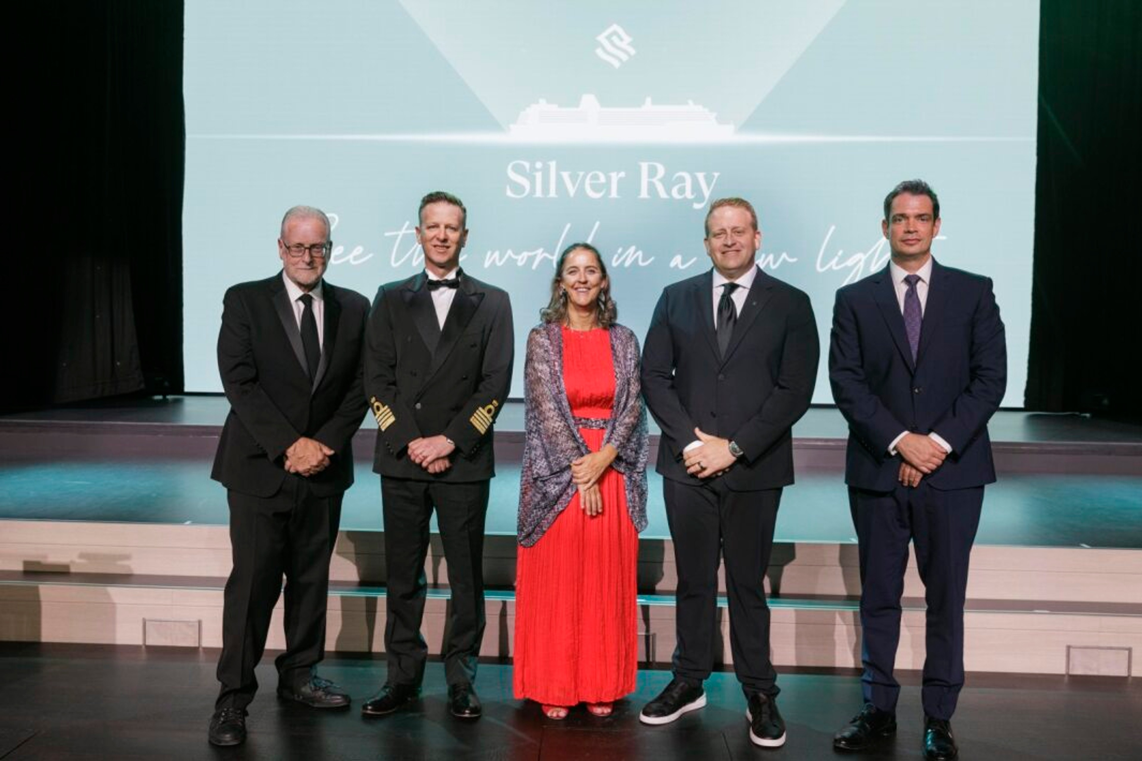 At Silver Ray's naming ceremony (from left to right): MC Peter Greenberg; Captain Alessandro Zanello; Godmother Dr. Josefina Olascoaga; President and CEO, Royal Caribbean Group, Jason Liberty; and Silversea President Bert Hernandez