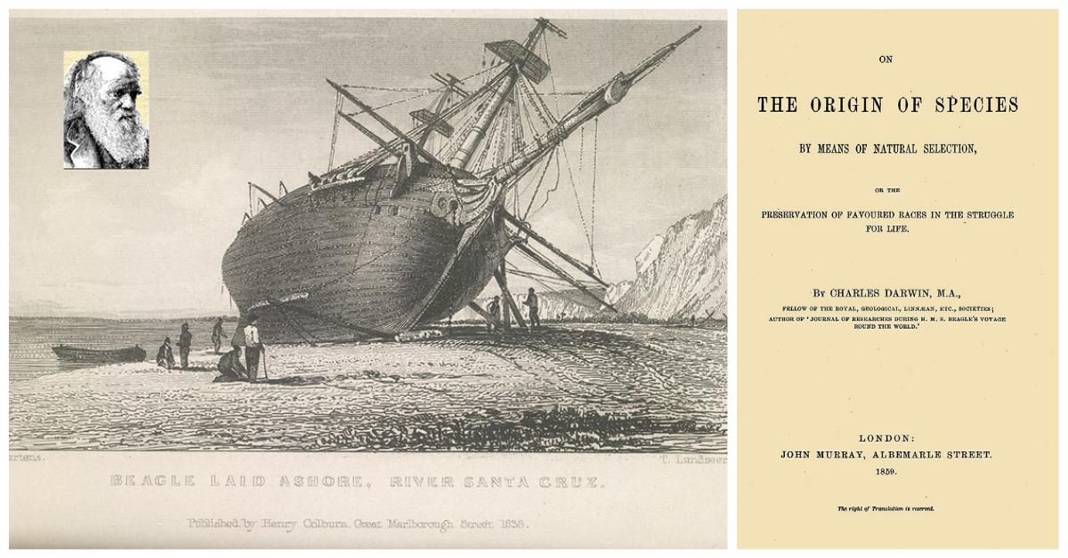 Darwin, upper left, visited the Galapagos in the 1830s but did not publish his "Origin of Species" until more than two decades later.