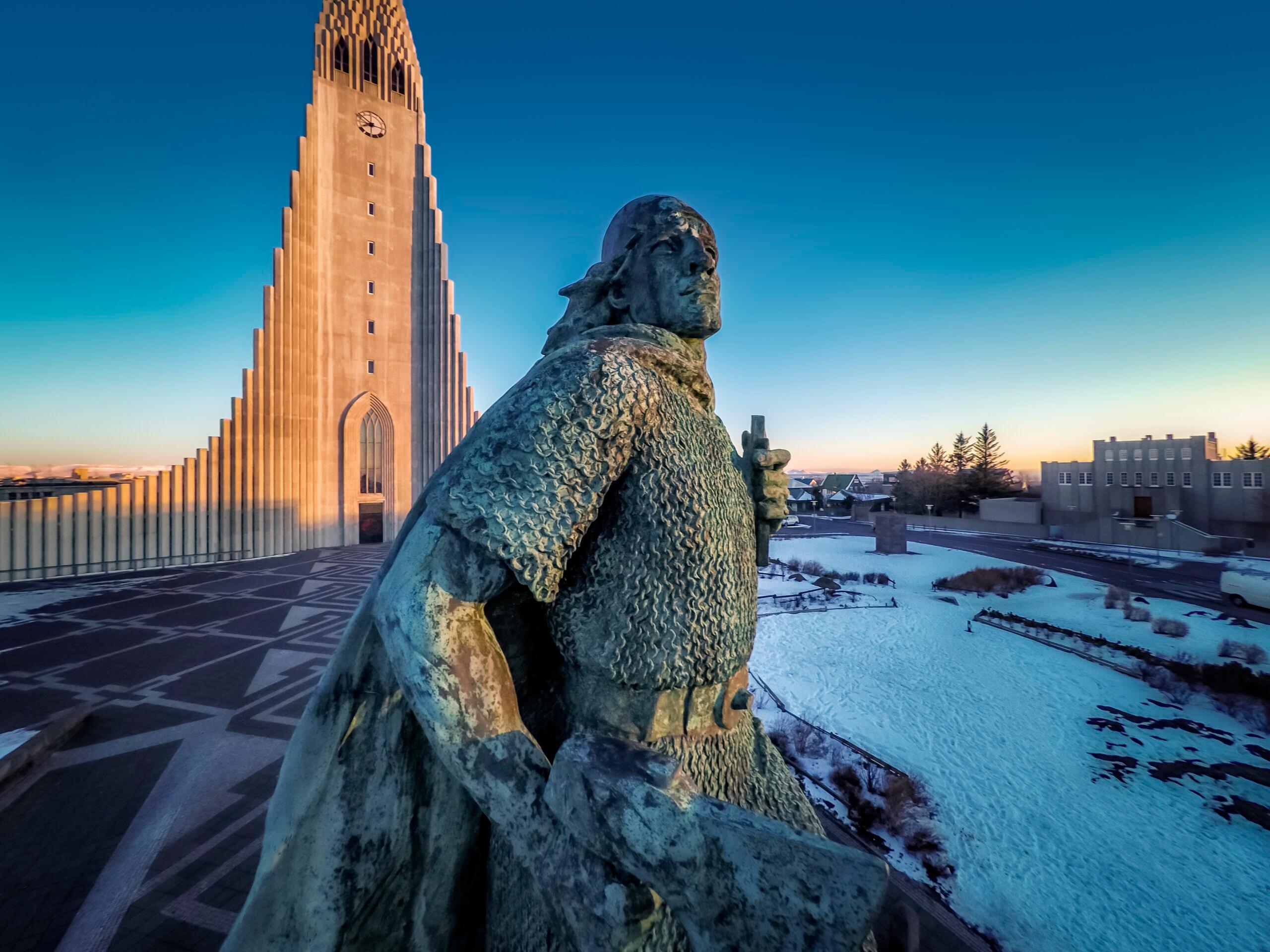 In Reykjavík, statue of explorer Leif Ericson and, in the background, Hallgrimskirkja Church, which honors Icelandic poet Hallgrímur Pétursson/Getty Images