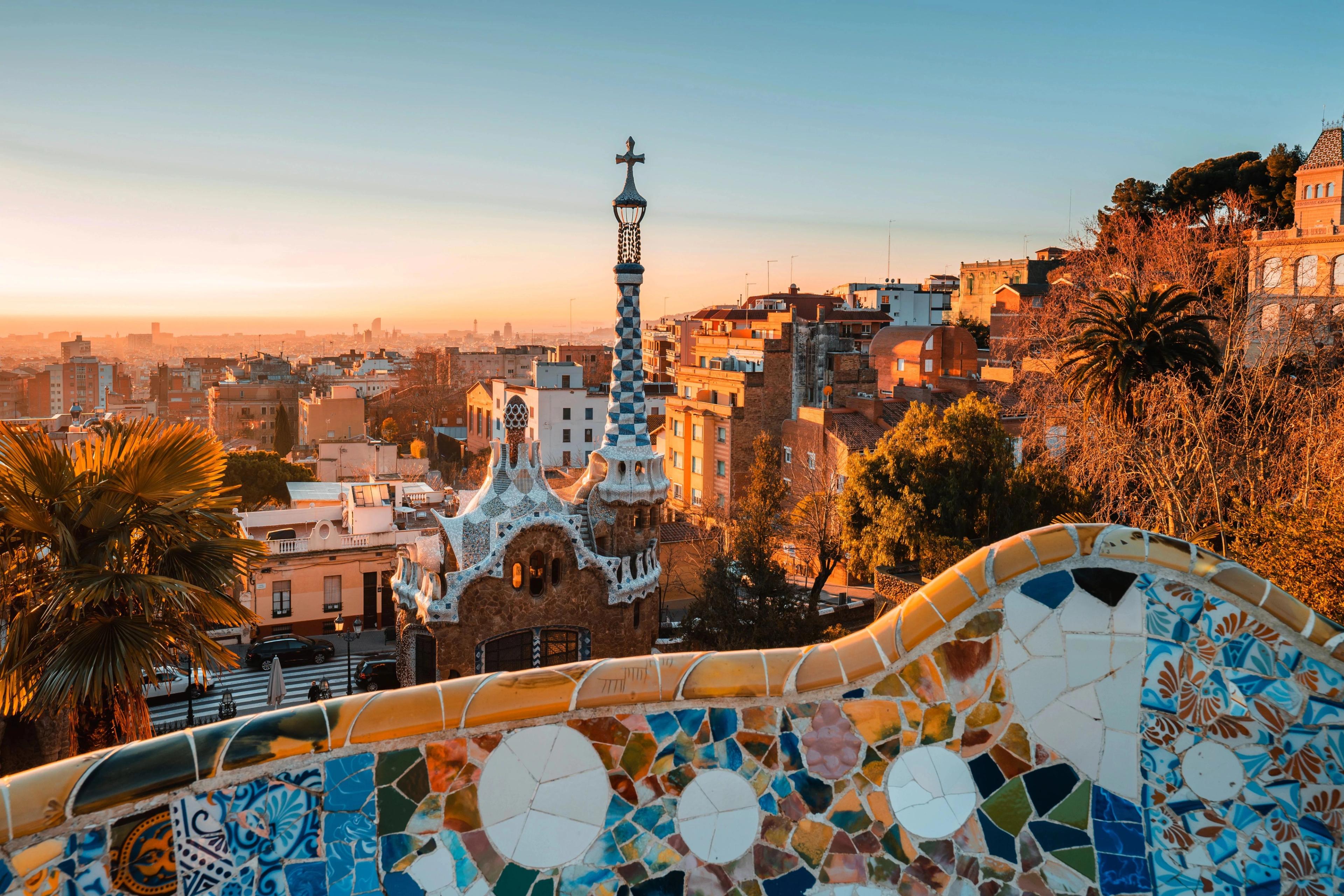 A panoramic view from the famous serpentine terrace of Park Güell in Barcelona, Spain. 