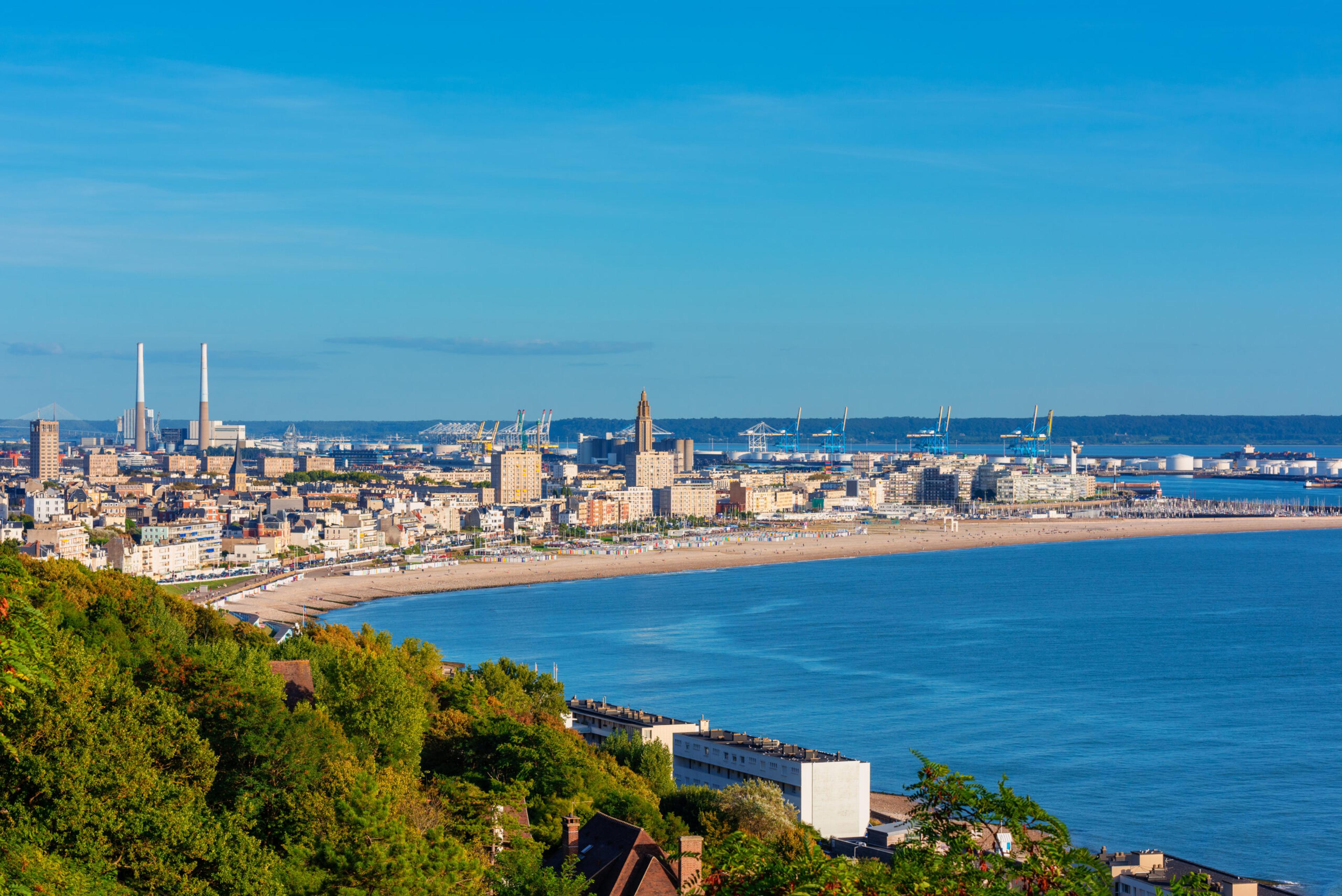 High angle view on the Skyline, Coastline and Harbor of Le Havre, Normandy, France.