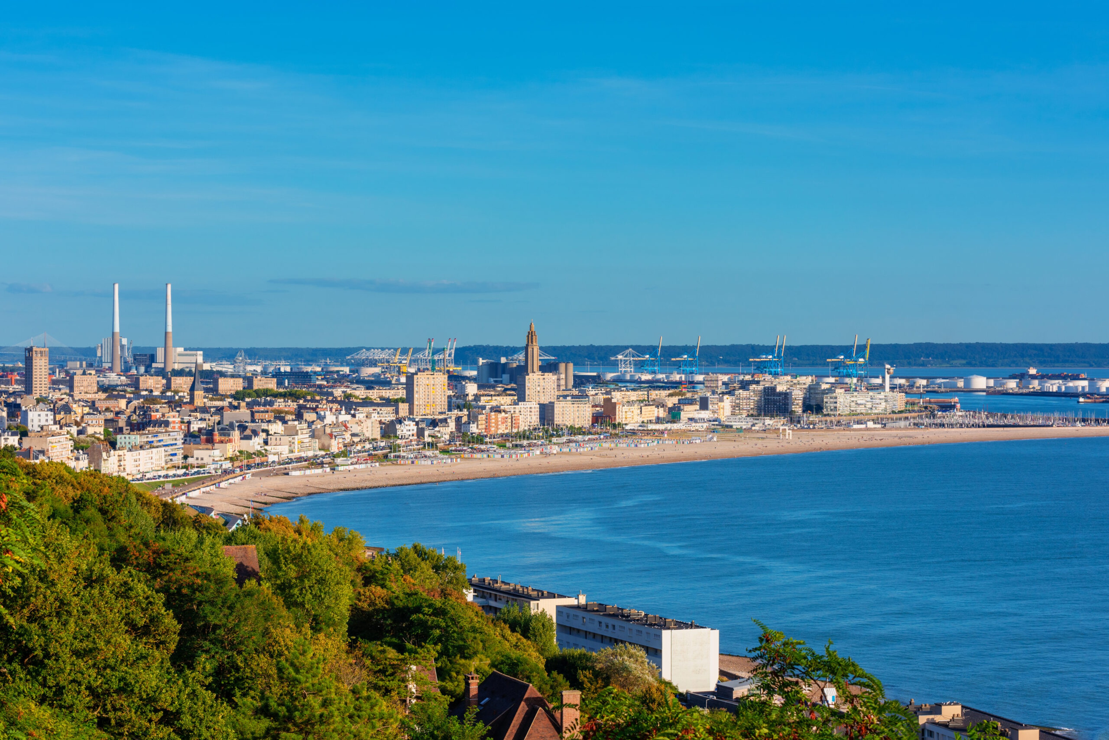 High angle view on the Skyline, Coastline and Harbor of Le Havre, Normandy, France.