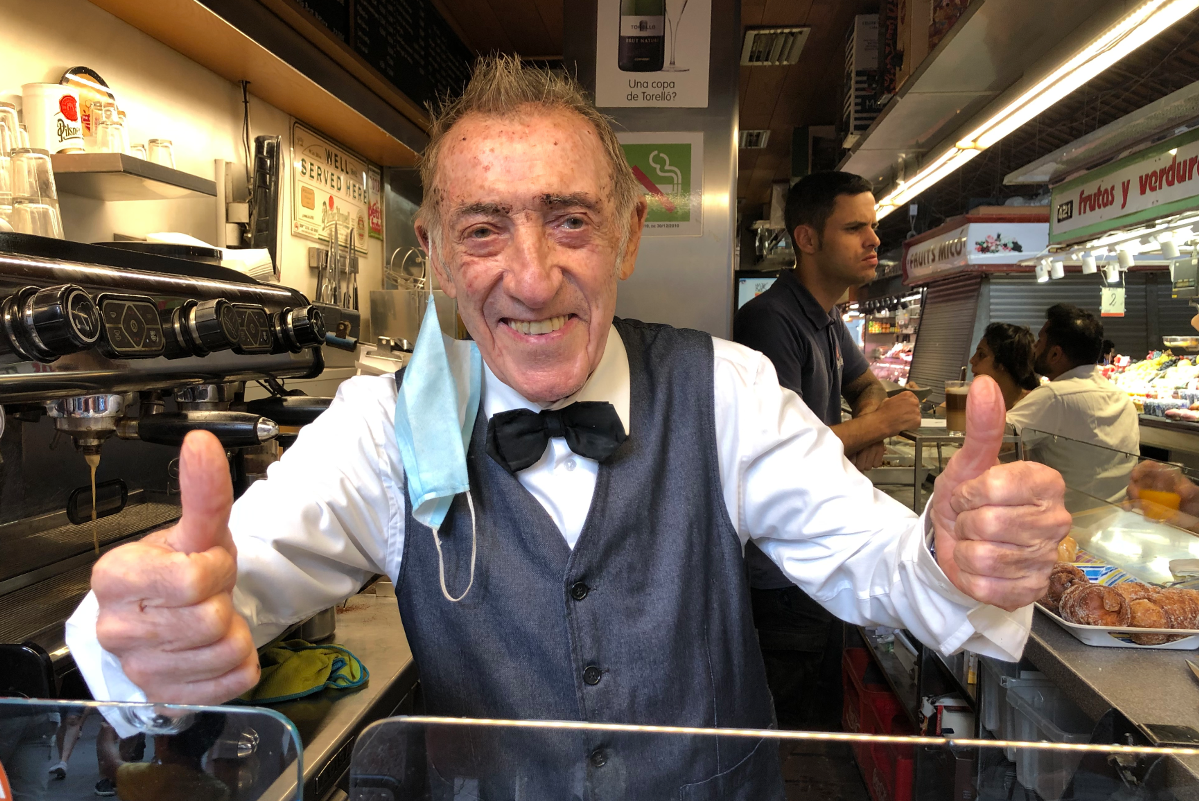 Eighty-eight-year old Joan Bayen, known as "Juanito," has been serving café con leche at the legendary Bar Pinotxo since the 1940s. Photo from Barcelona's Boquería./Jonathan Lerner for Silversea