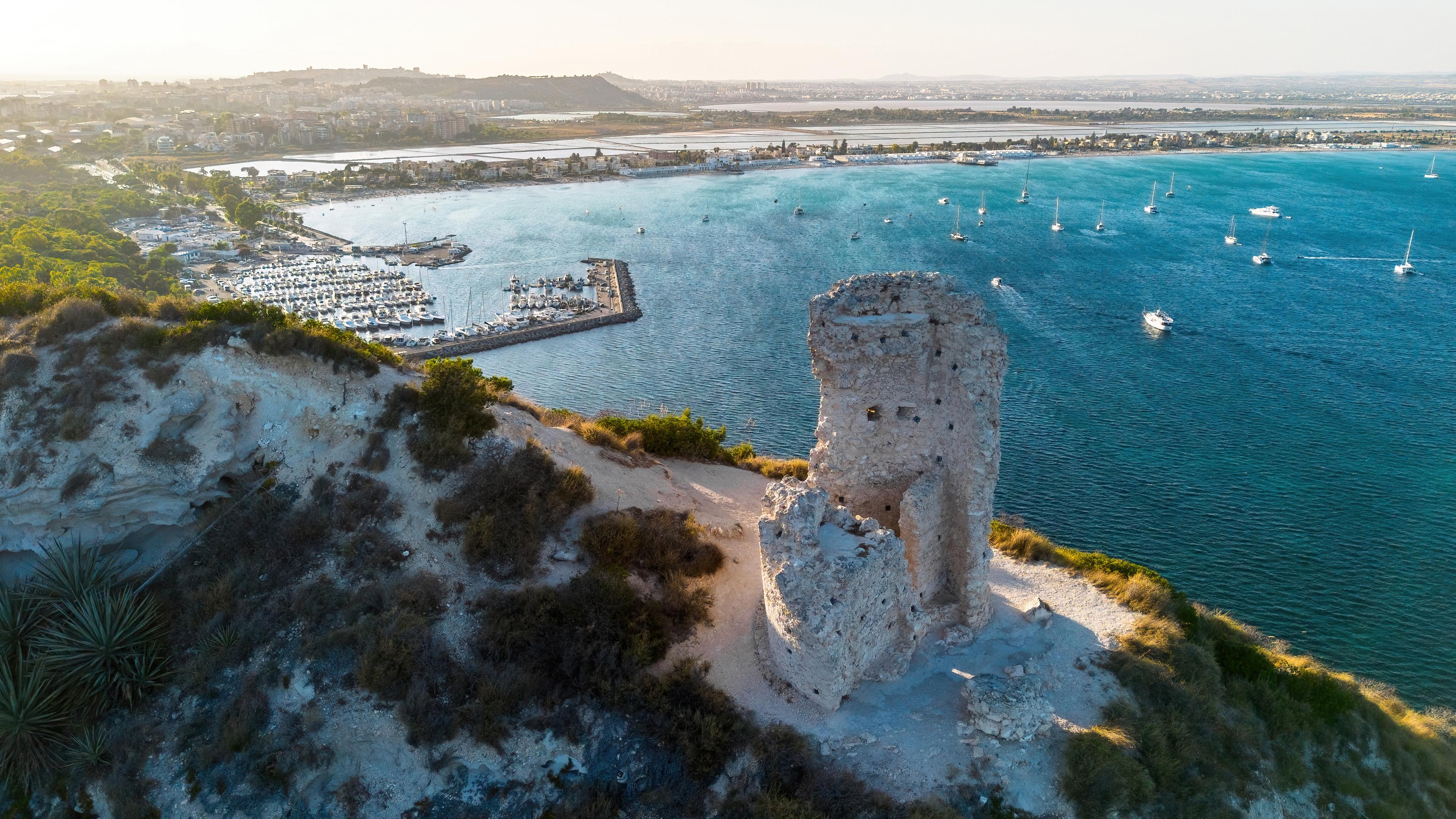 Ruins of Torre del Poetto overlooking Poetto Beach, Cagliari, Sardinia, Italy