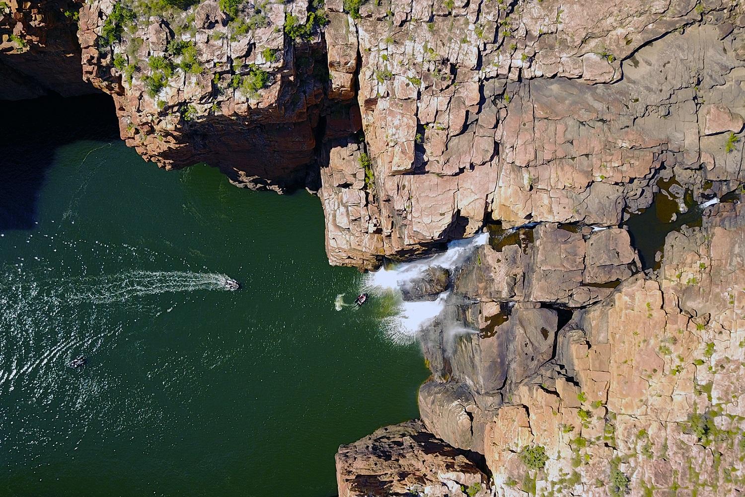 An aerial view of Zodiacs approaching the King George Falls./Denis Elterman