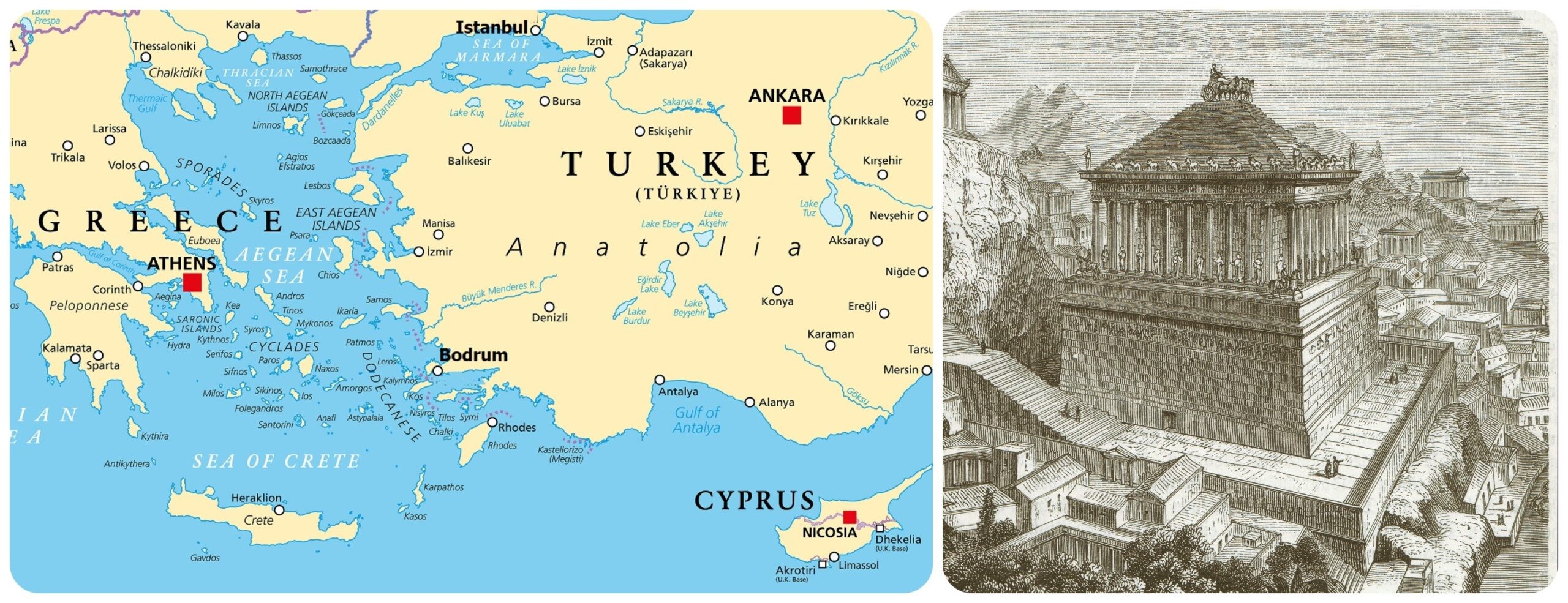 Bodrum in southern Turkey was home to Mausoleum at Halicarnassus, pictured from a wood engraving from 1882.