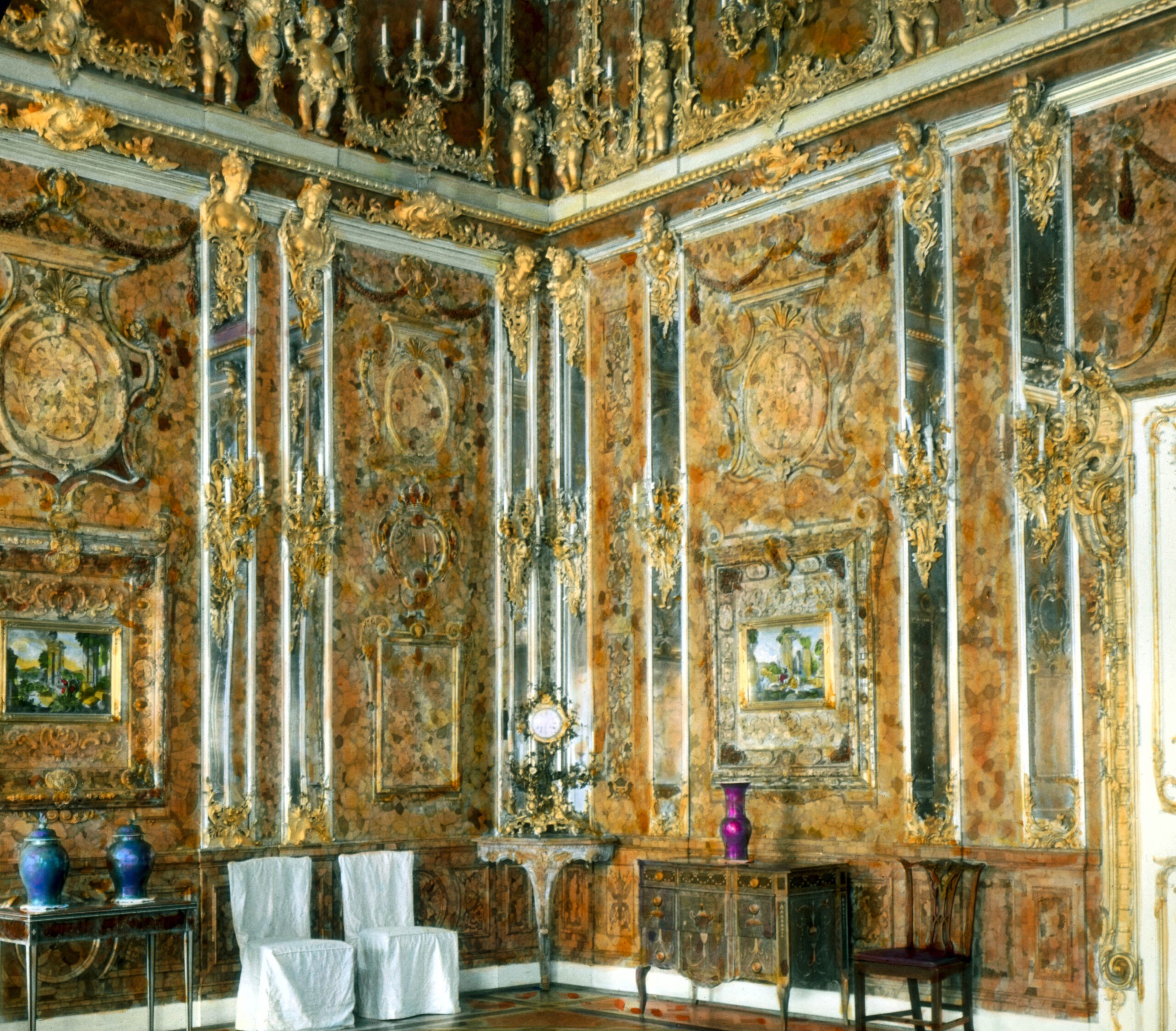 One of the great mysteries is what happened to the original Amber Room, pictured in this hand-colored photograph in 1931, thought to have been taken in the Catherine Palace in Pushkin, Russia. It is thought that the Nazis plundered it and it was then destroyed in further fighting. A replica of the Amber Room is on display in the Gdansk, Museum./Wikimedia Commons photo by Branson DeCou