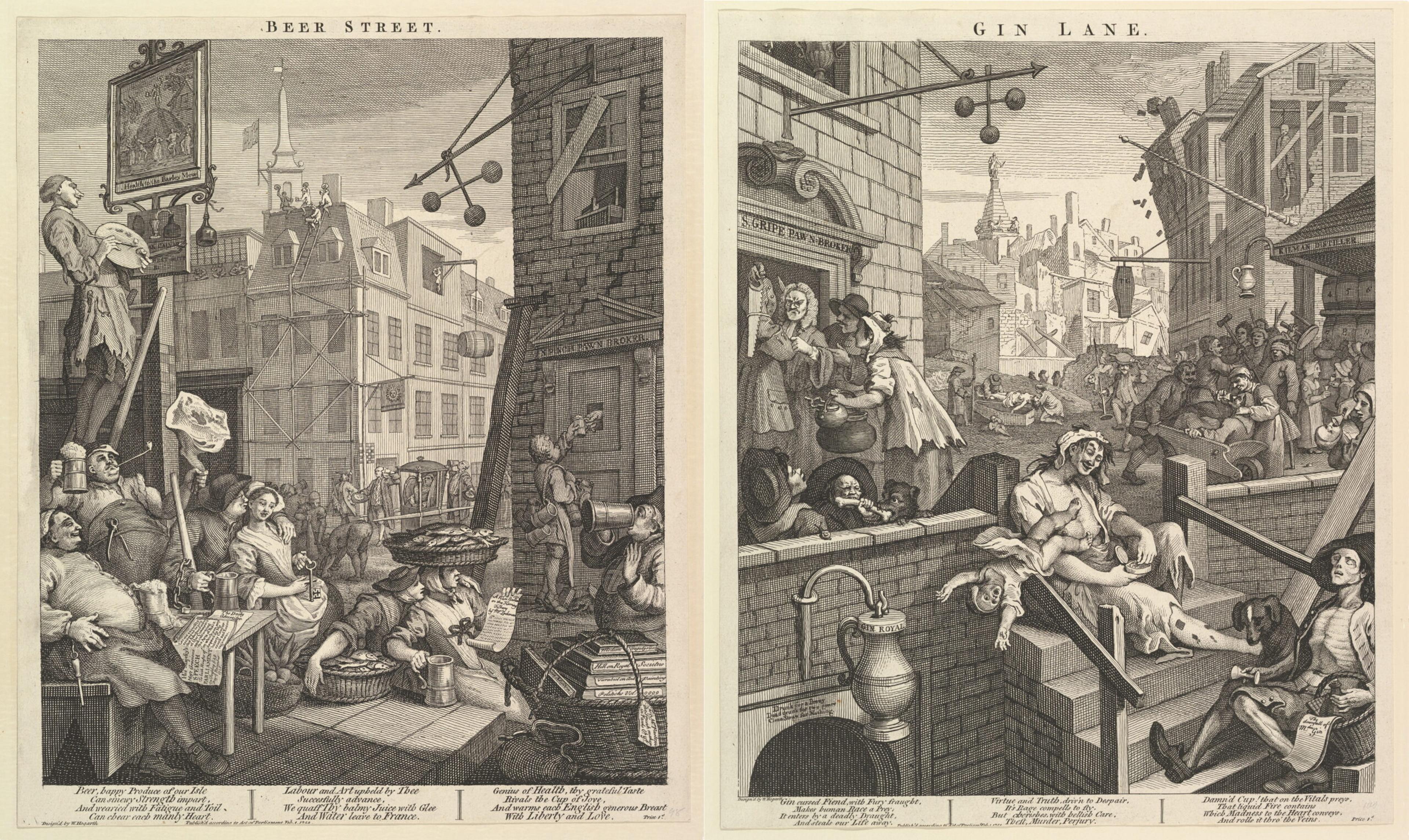 Beer Street (left) and Gin Lane were prints released in 1751 ahead of the Gin Act, showing the virtues of beer and the evils of gin./William Hogarth