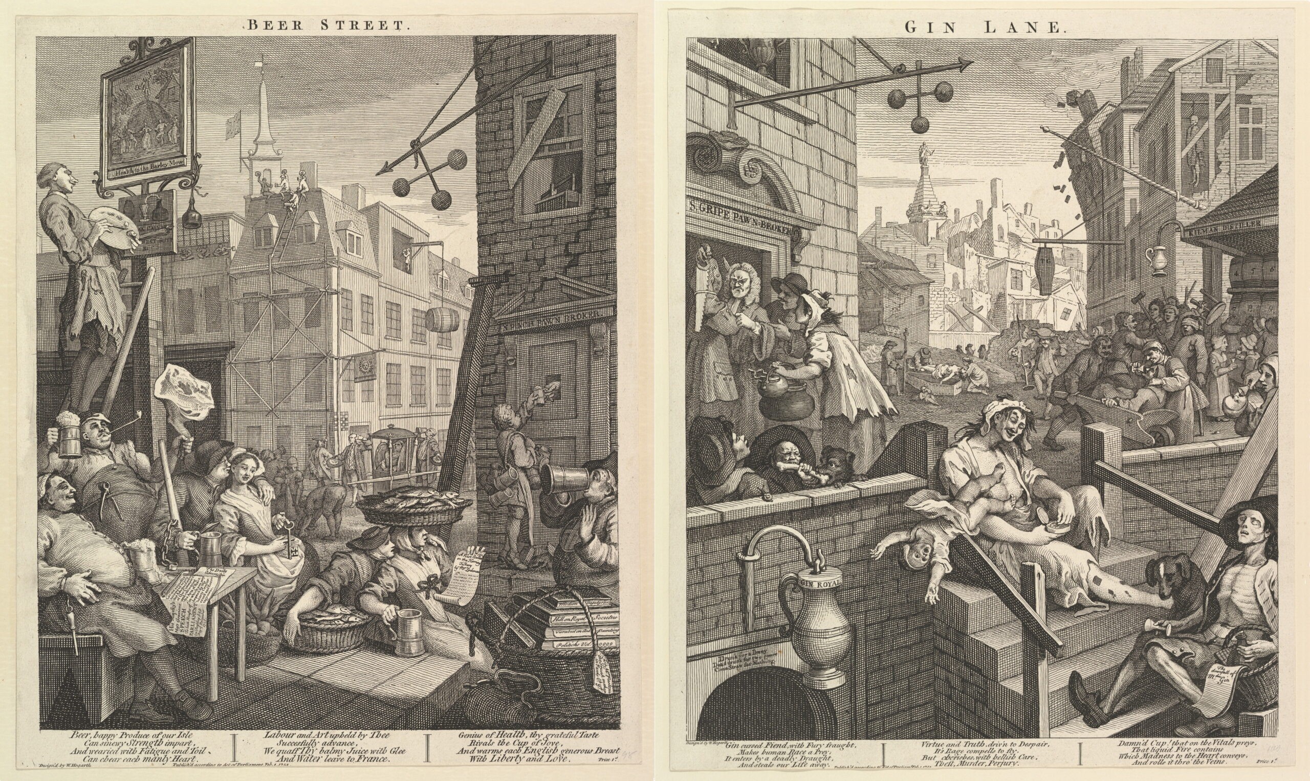 Beer Street (left) and Gin Lane were prints released in 1751 ahead of the Gin Act, showing the virtues of beer and the evils of gin./William Hogarth