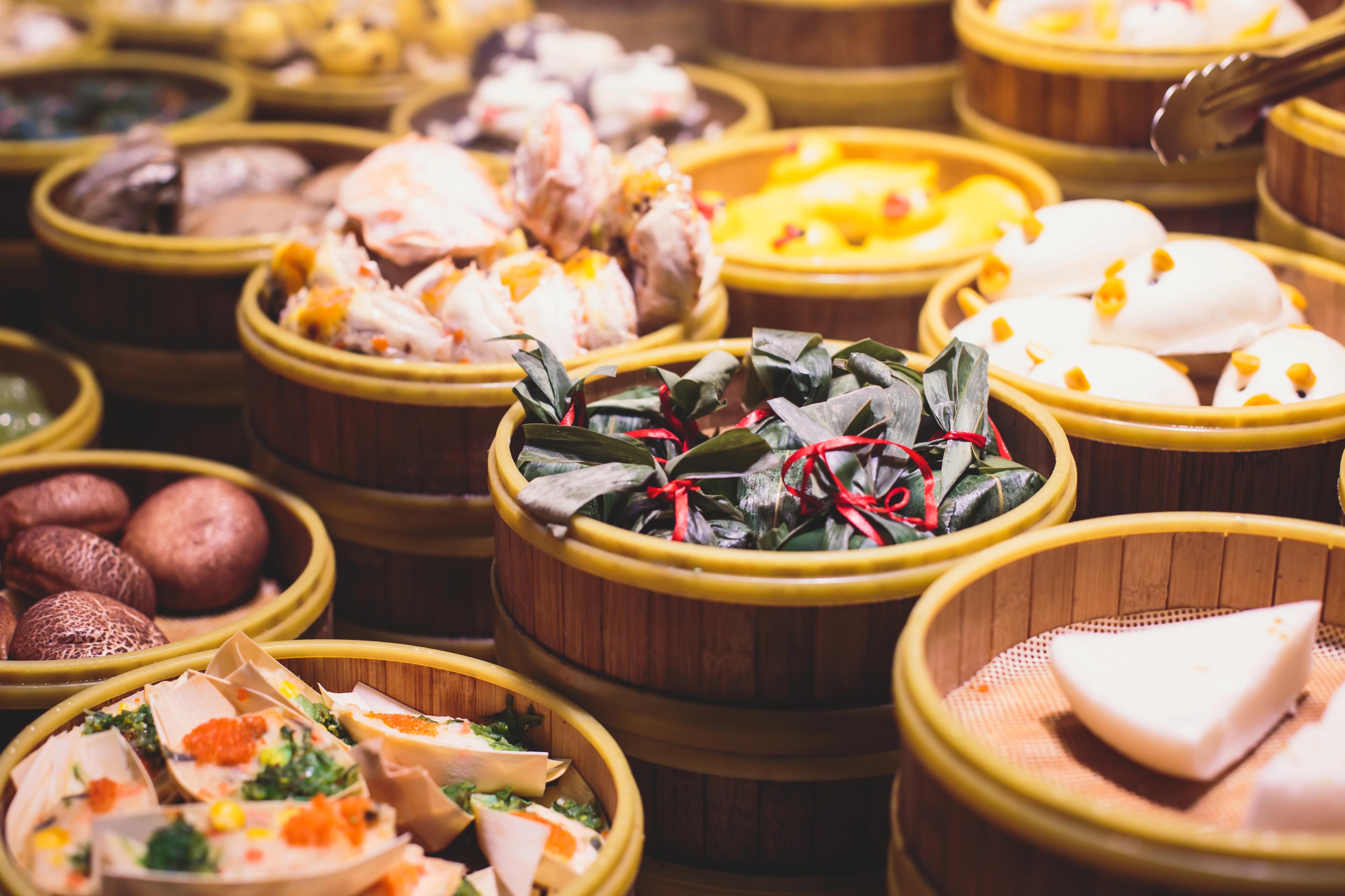Assortment of different types of asian traditional street food in Shanghai