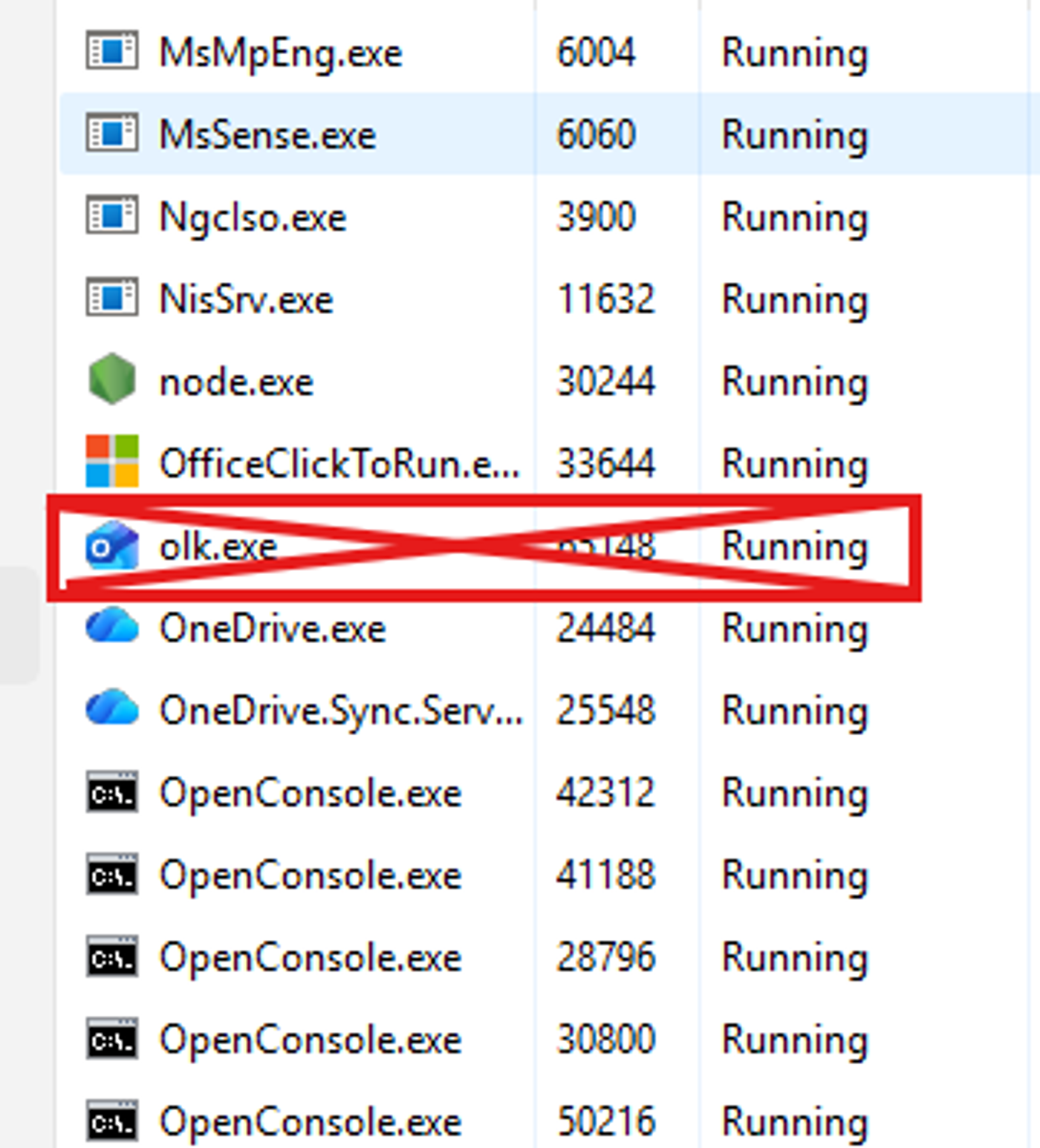 Taskmanager with Outlook still runbning