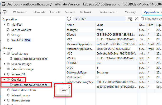 The DevTools left panel with Cookies expanded and the Clear option showing