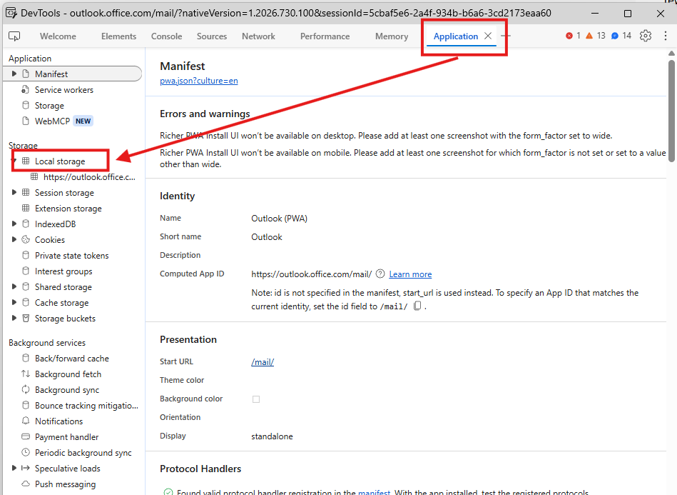 The DevTools window with the Application tab selected in the top row of tabs