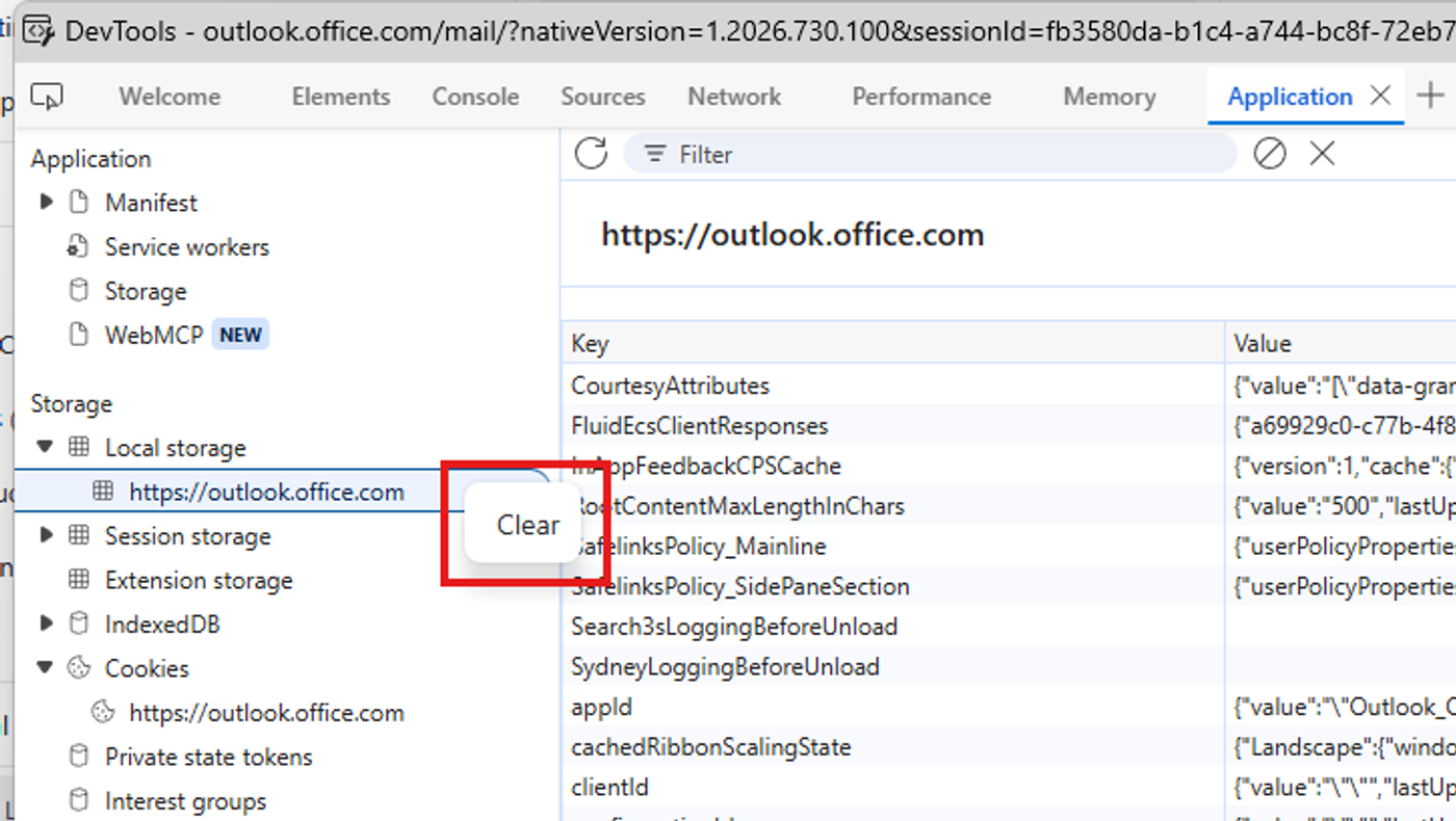 The DevTools left panel with Local Storage expanded and the Clear option showing
