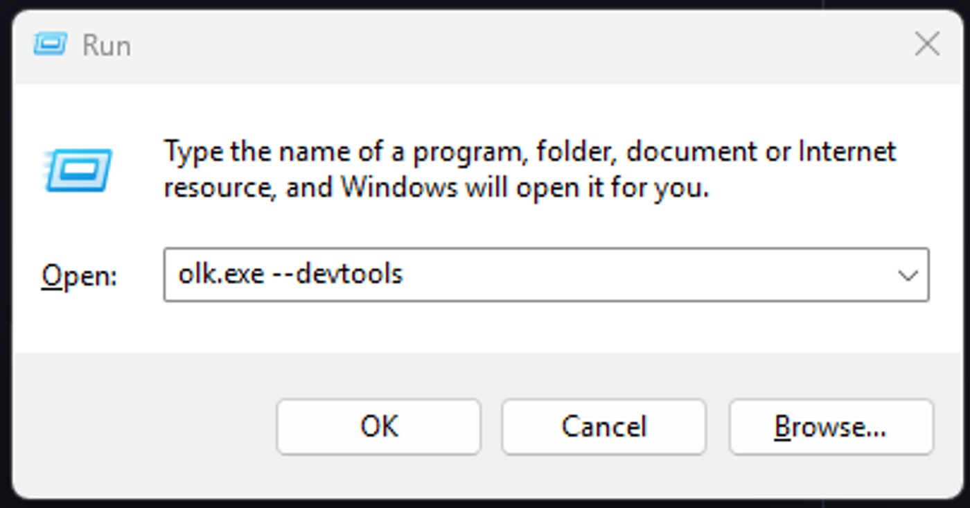The Windows Run box with olk.exe --devtools typed into the Open field
