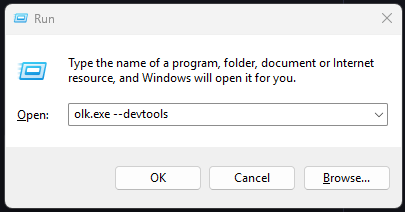The Windows Run box with olk.exe --devtools typed into the Open field
