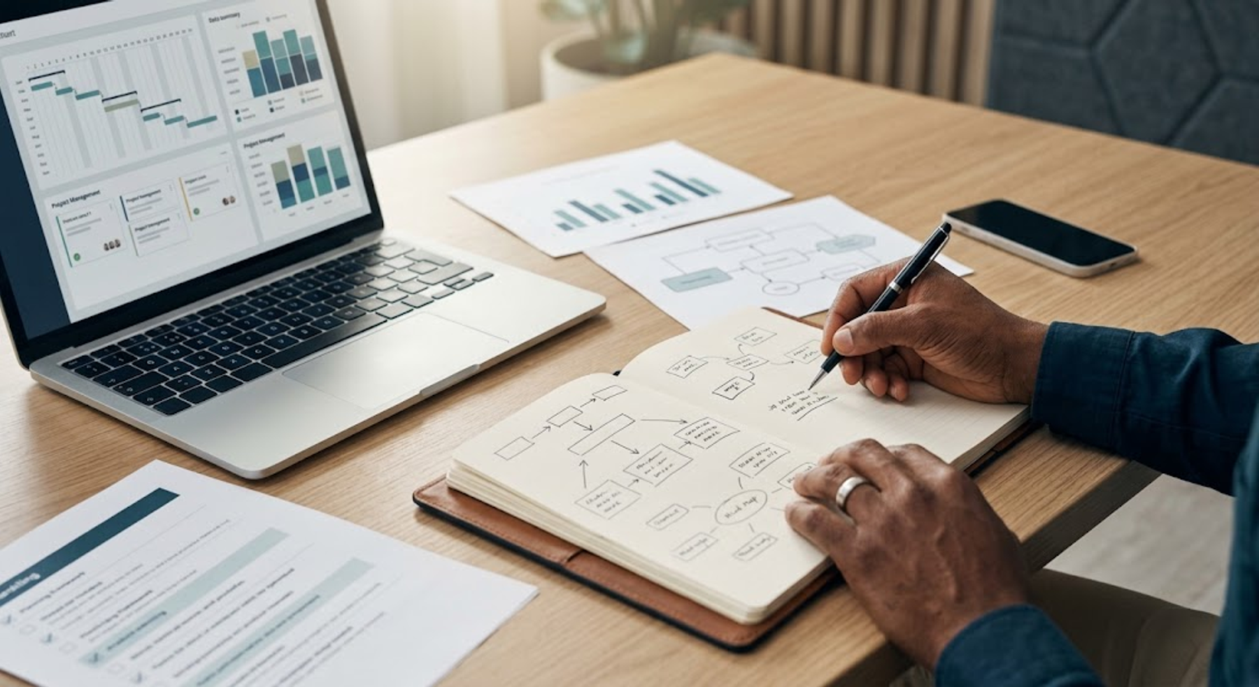 Professional knowledge-work desk with notebook, process diagrams, charts and a laptop.