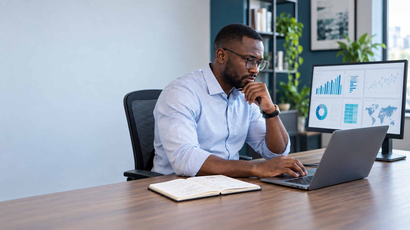 African data analyst reviewing dashboards and notes at a professional workstation.