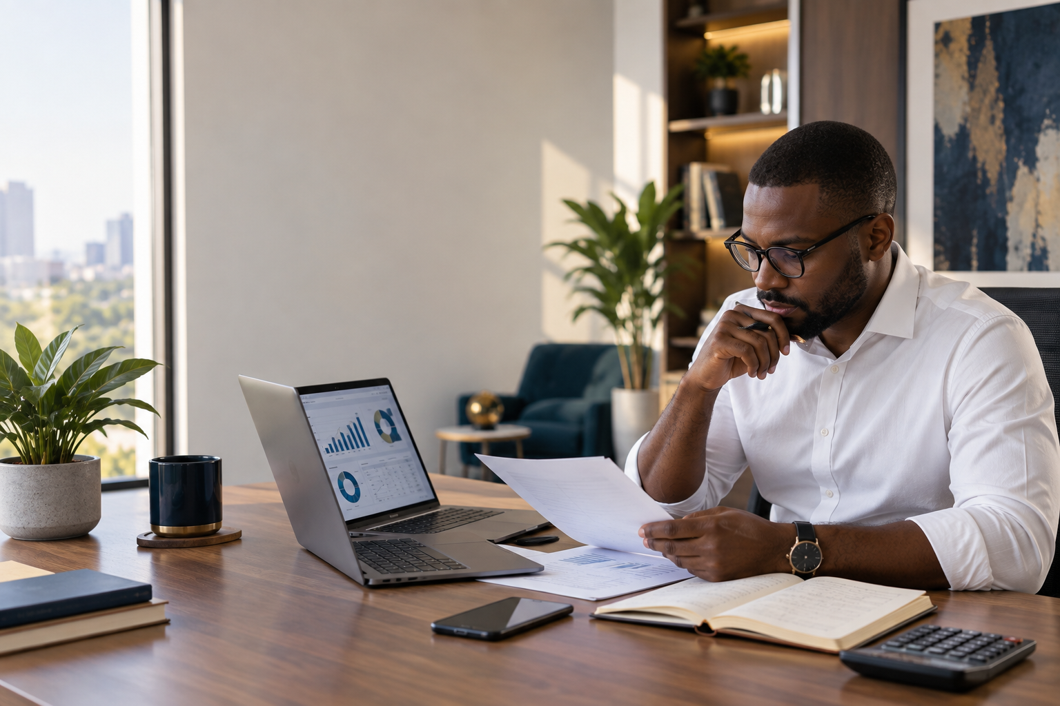 African professional reviewing financial reports, a dashboard and planning notes.