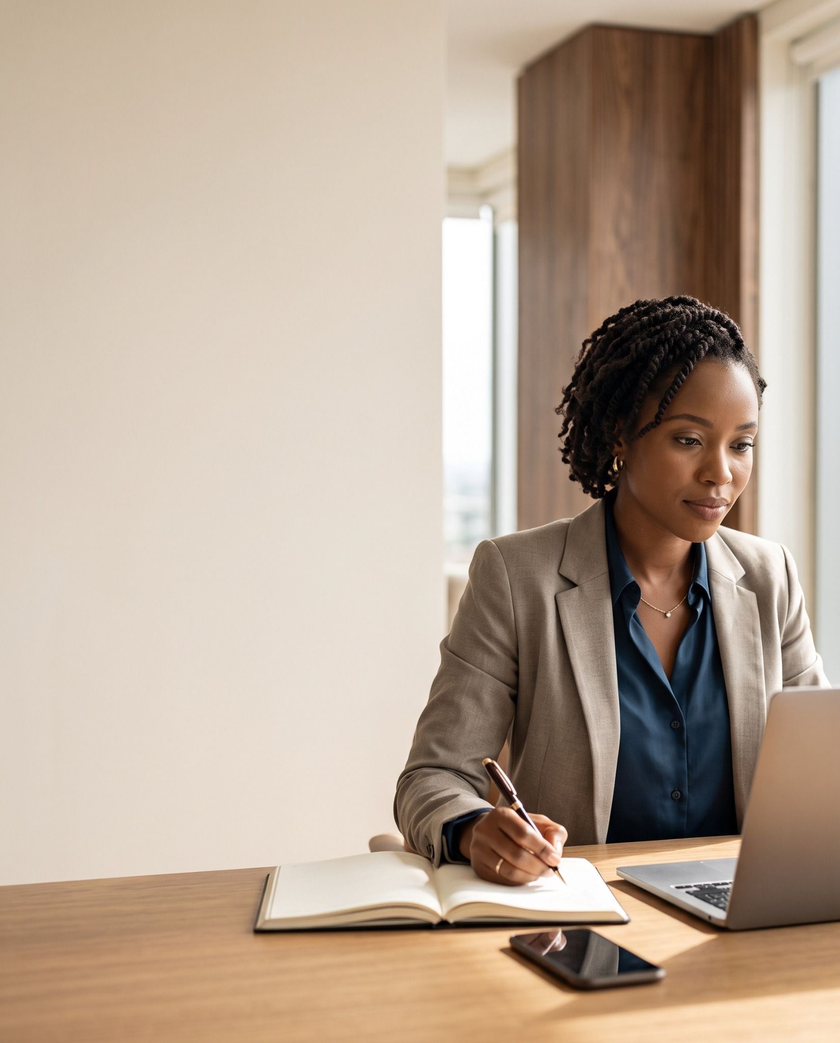 African professional writing notes beside a laptop in a bright modern workspace.