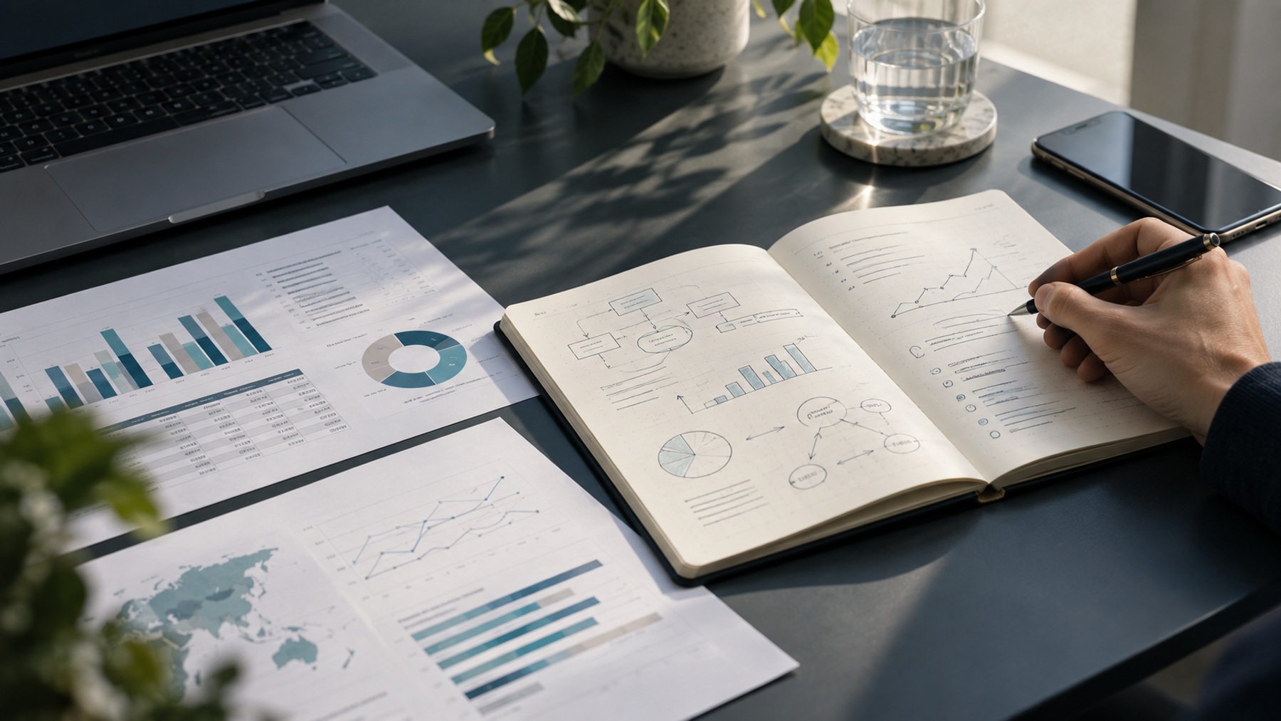 Analytical workspace with charts, notebook diagrams and active annotation.