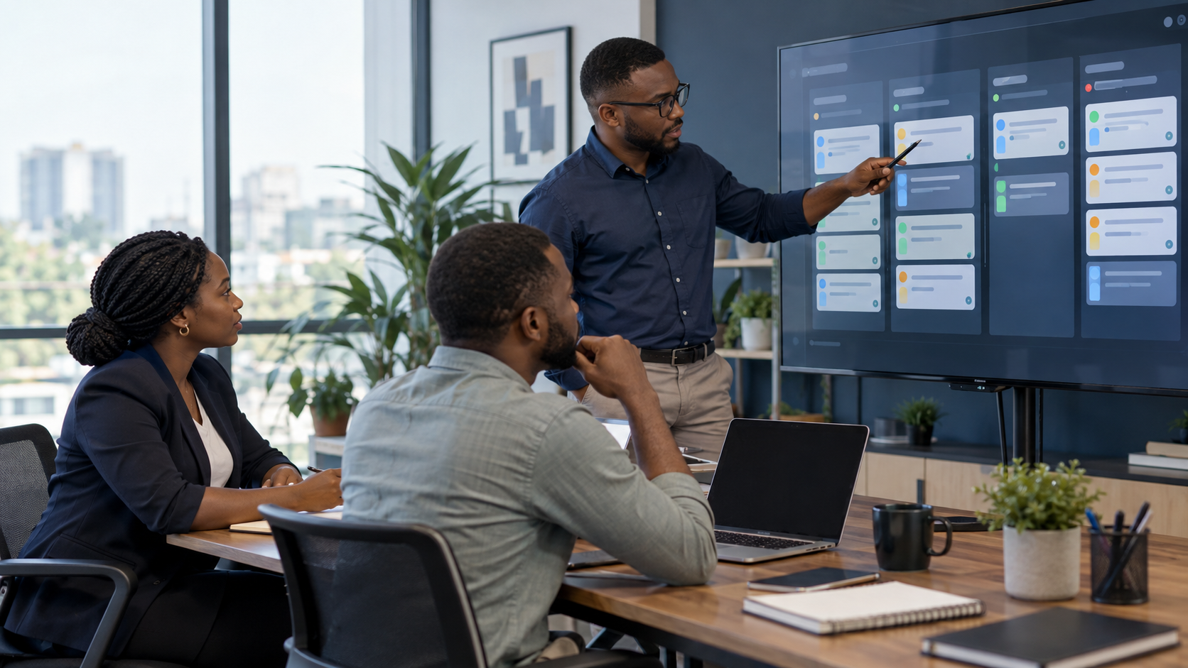 African project team reviewing a kanban-style delivery board in a modern office.