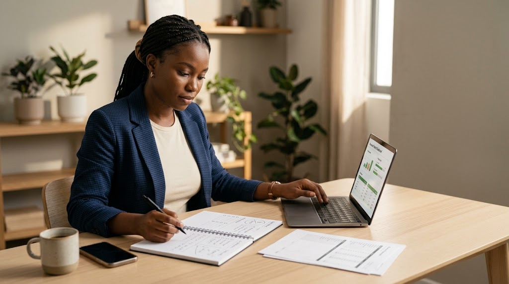 African professional calmly reviewing a personal financial plan with a laptop and notebook.
