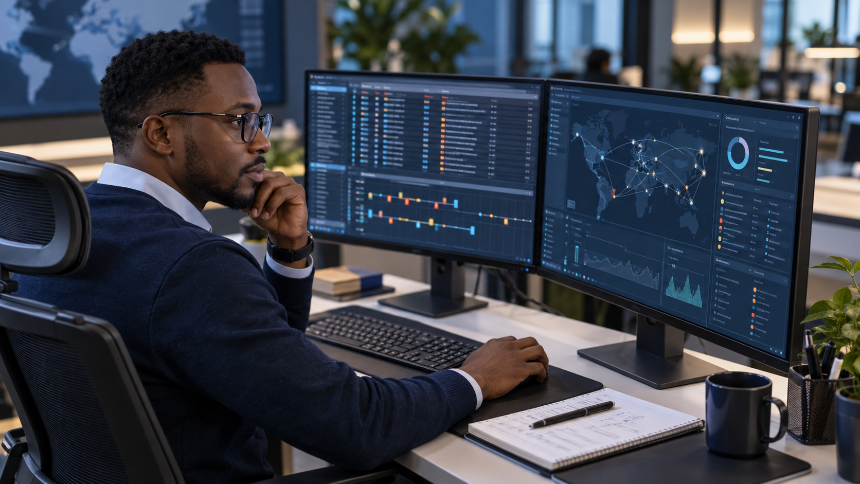 African cybersecurity professional reviewing security monitoring screens and an incident notebook.