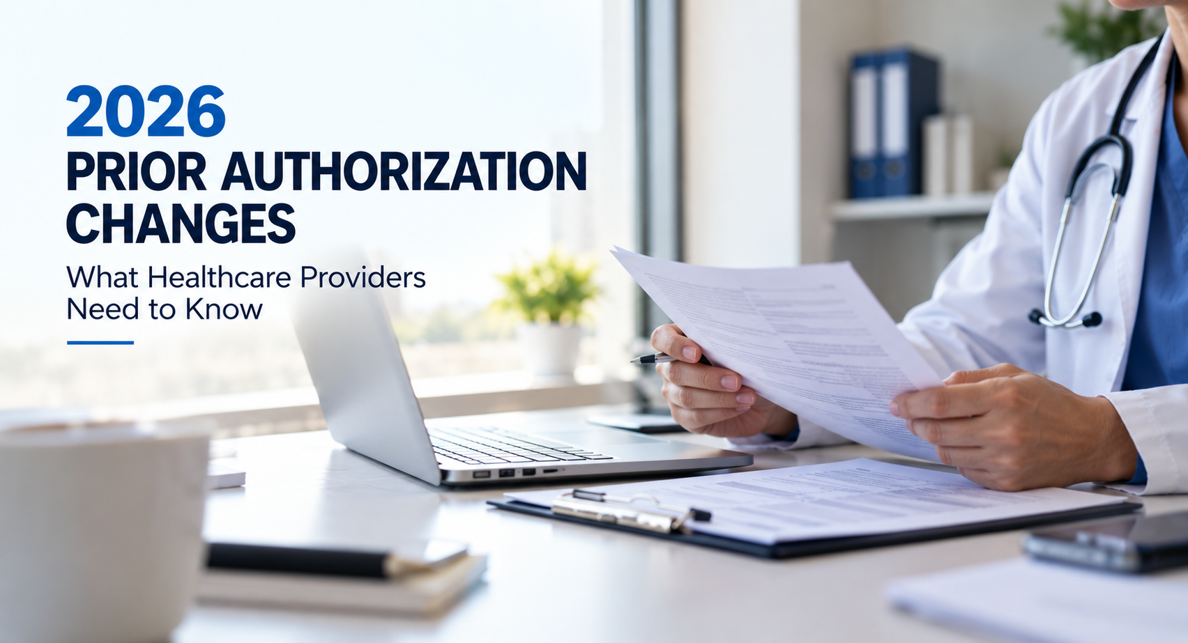 Healthcare provider reviewing prior authorization documents at a laptop in a medical office, with text highlighting 2026 prior authorization changes