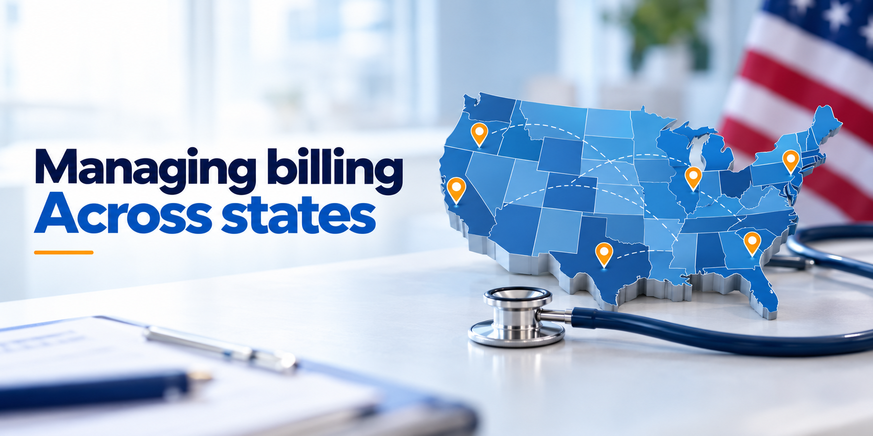 Multi-state medical billing services banner featuring a U.S. map with connected state markers and revenue analytics on a healthcare billing monitor.
