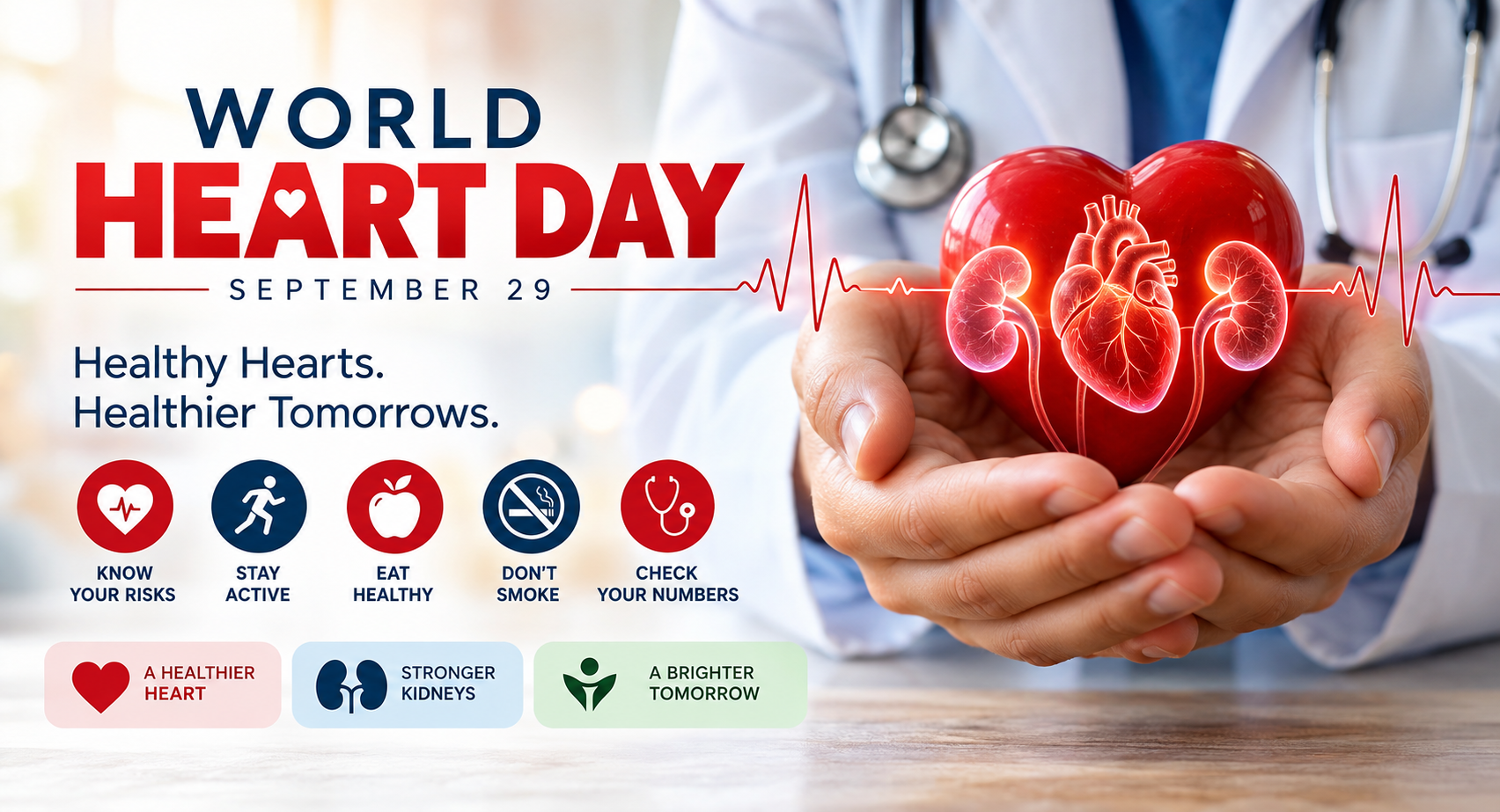 World Heart Day graphic featuring a healthcare professional holding a heart and kidney illustration, highlighting the connection between heart, kidney, and metabolic health