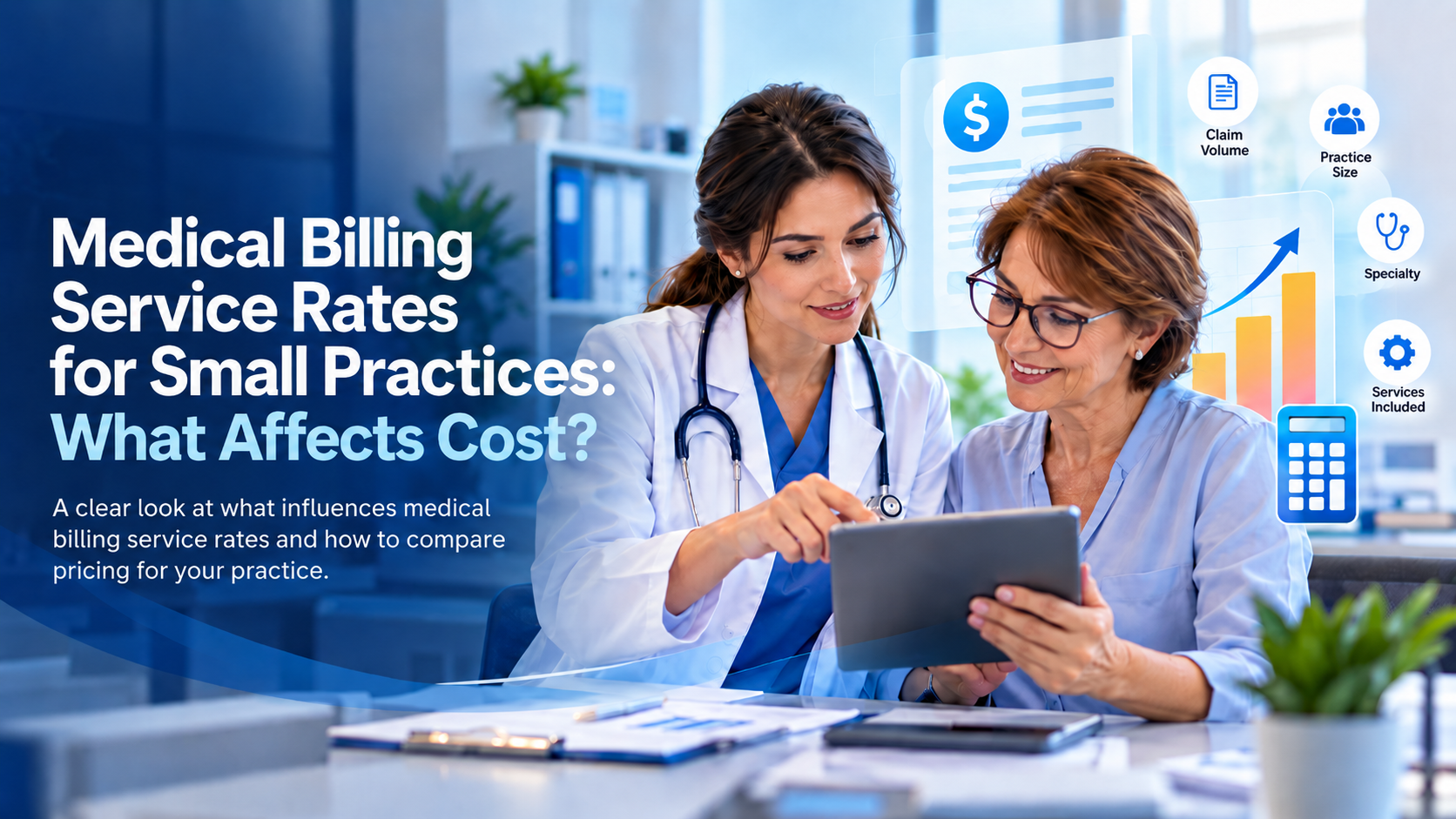 Medical billing service rates for small medical practices, reviewing billing information on a tablet and visual icons representing costs, services, and revenue.