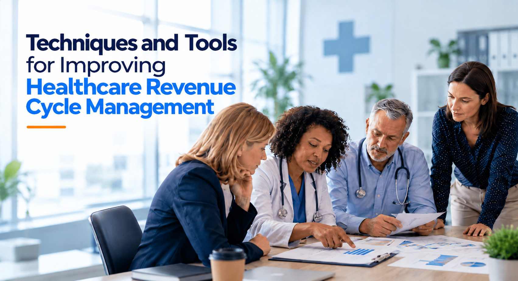 Healthcare professionals reviewing charts and revenue cycle data during a collaborative meeting in a modern medical office.